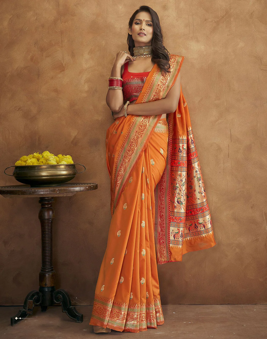 Vsaree Orange Paithani Silk Flower Border And Zari Weaving Rich Pallu With Blouse