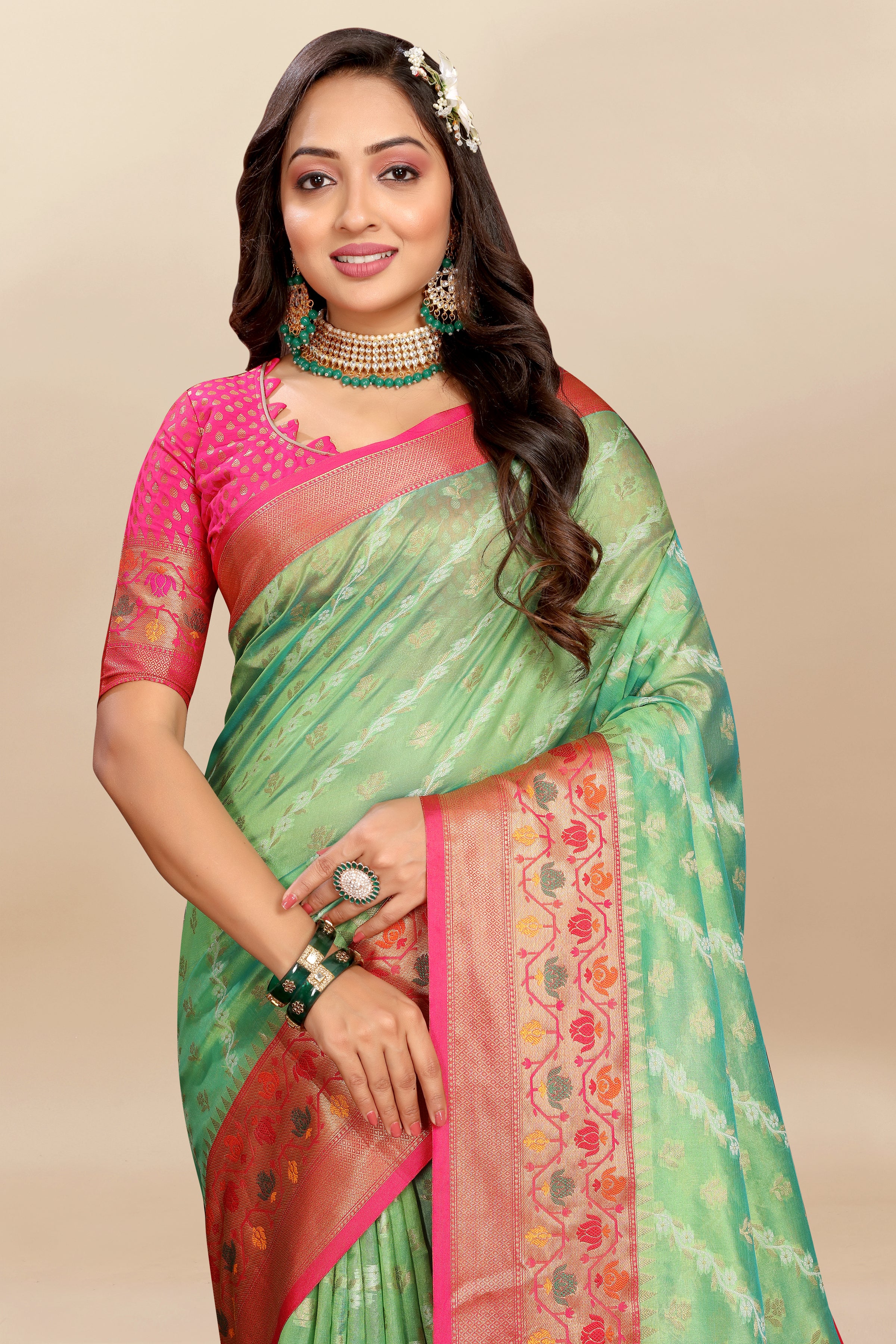 Vsaree Green Designer Organza Silk Saree With Heavy Rich Pallu And Blouse