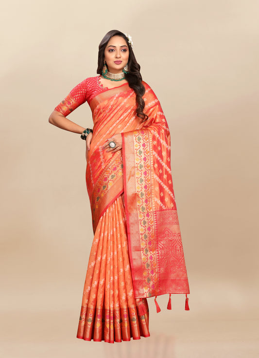 Vsaree Orange Designer Organza Silk Saree With Heavy Rich Pallu And Blouse