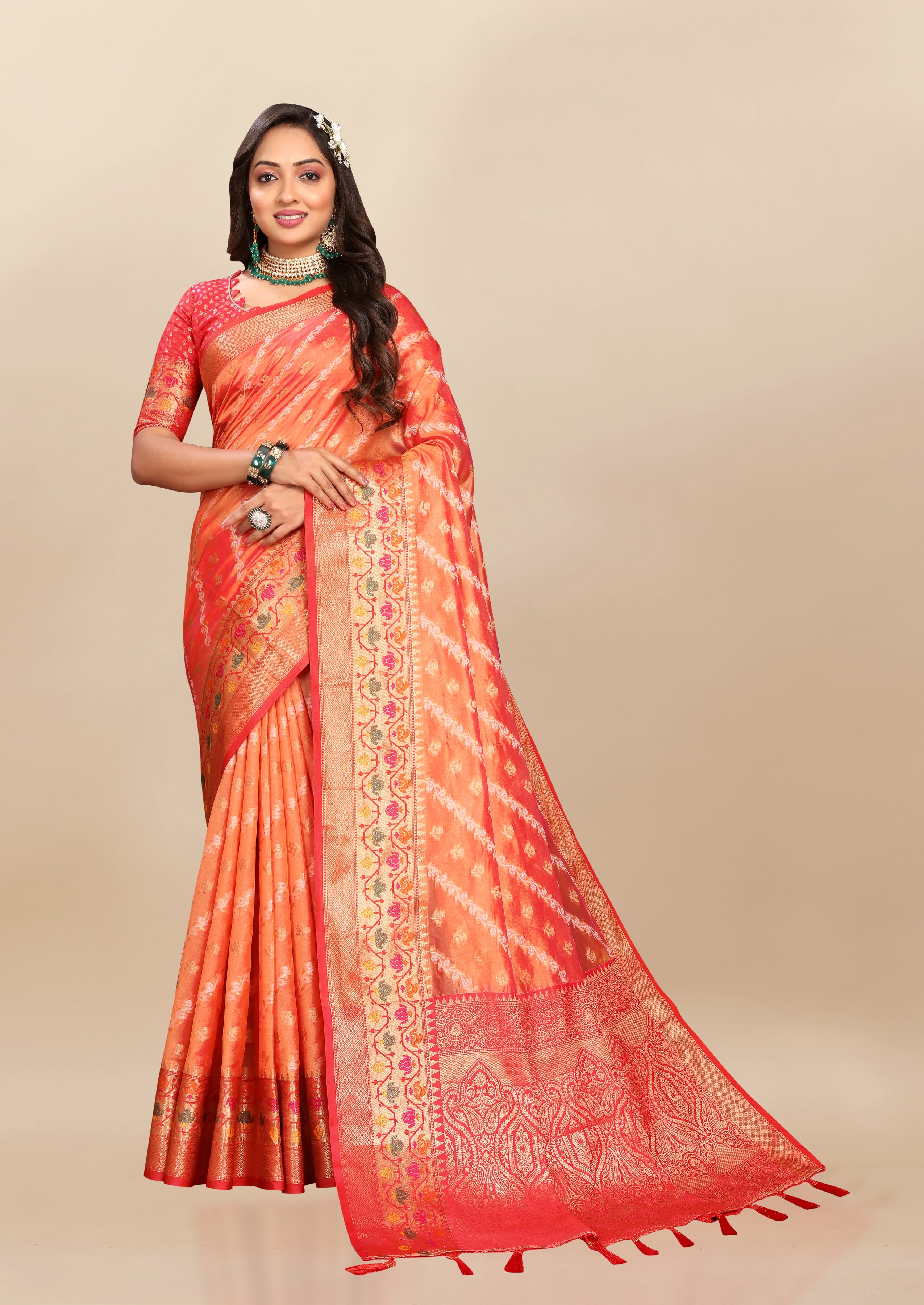 Vsaree Orange Designer Organza Silk Saree With Heavy Rich Pallu And Blouse