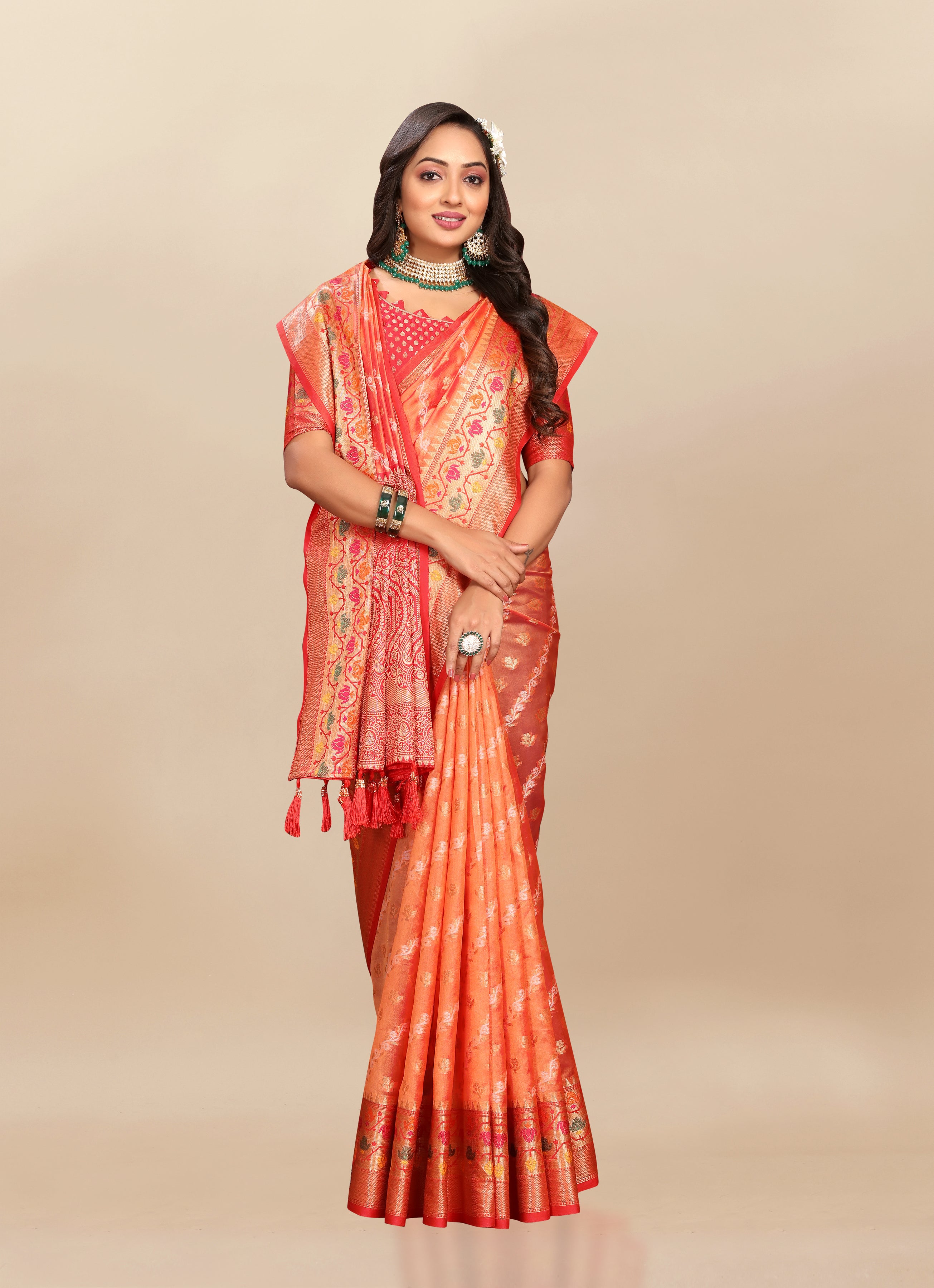 Vsaree Orange Designer Organza Silk Saree With Heavy Rich Pallu And Blouse