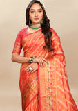 Vsaree Orange Designer Organza Silk Saree With Heavy Rich Pallu And Blouse