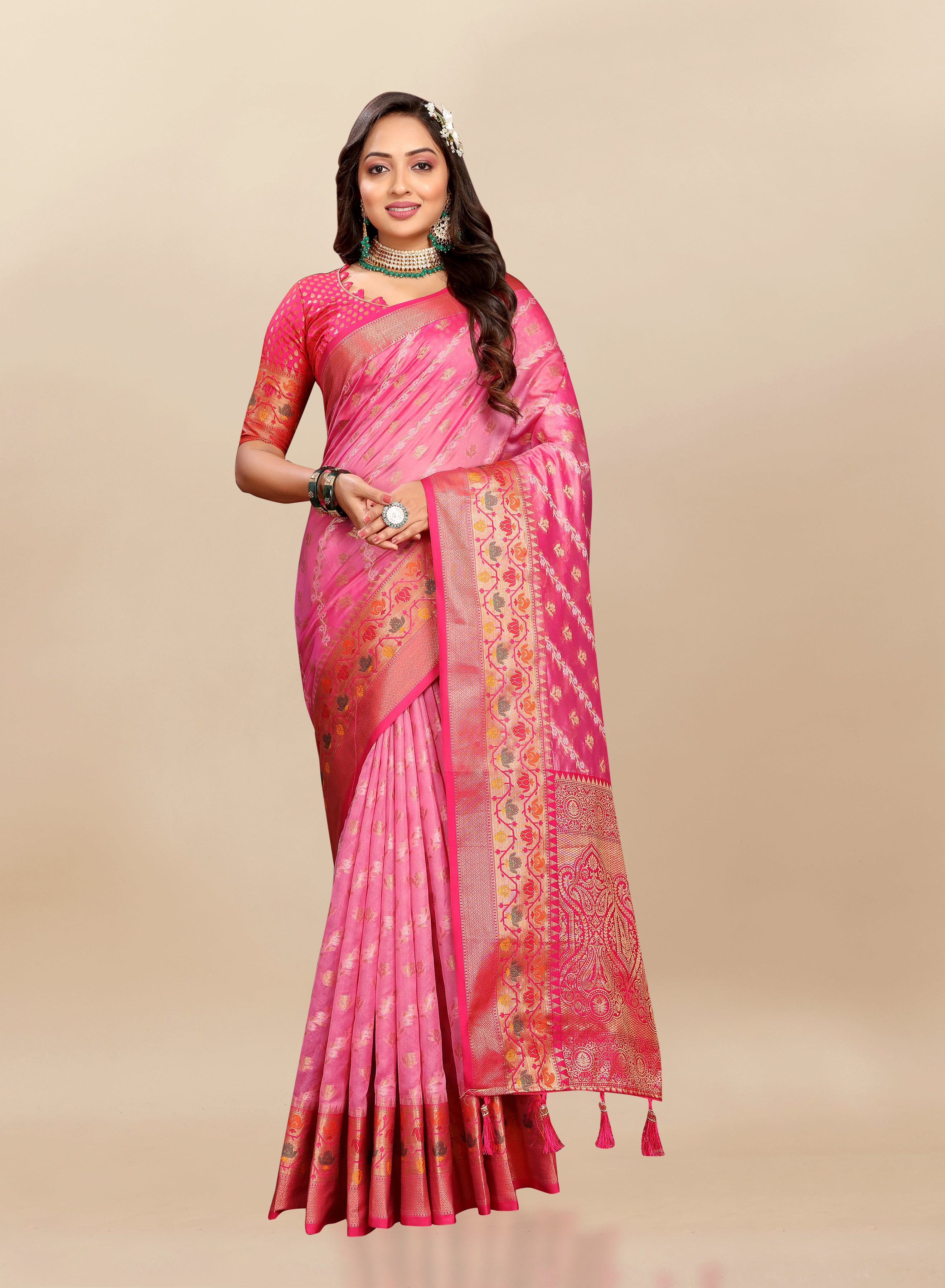 Vsaree Pink Designer Organza Silk Saree With Heavy Rich Pallu And Blouse