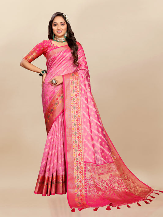 Vsaree Pink Designer Organza Silk Saree With Heavy Rich Pallu And Blouse