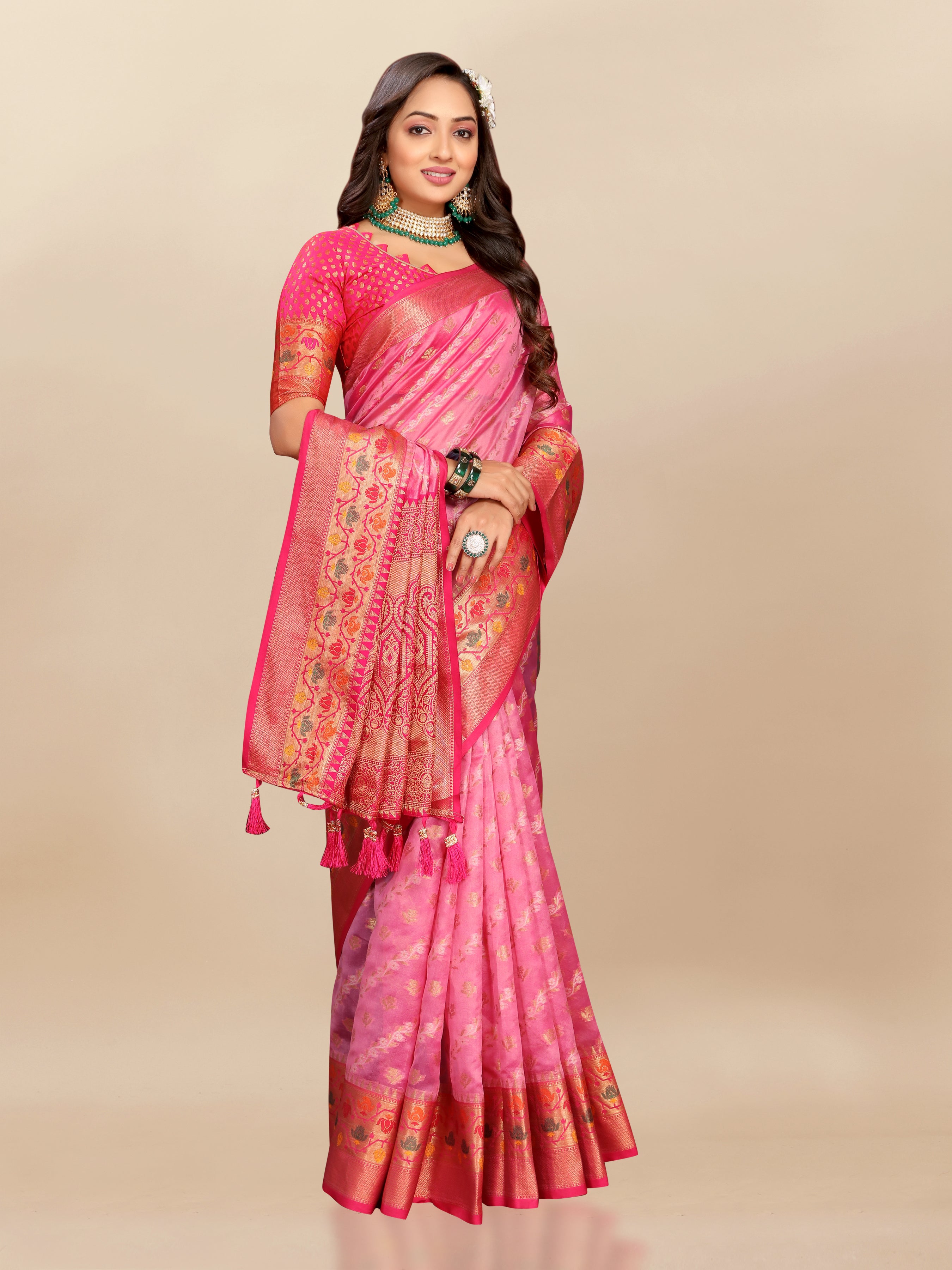 Vsaree Pink Designer Organza Silk Saree With Heavy Rich Pallu And Blouse