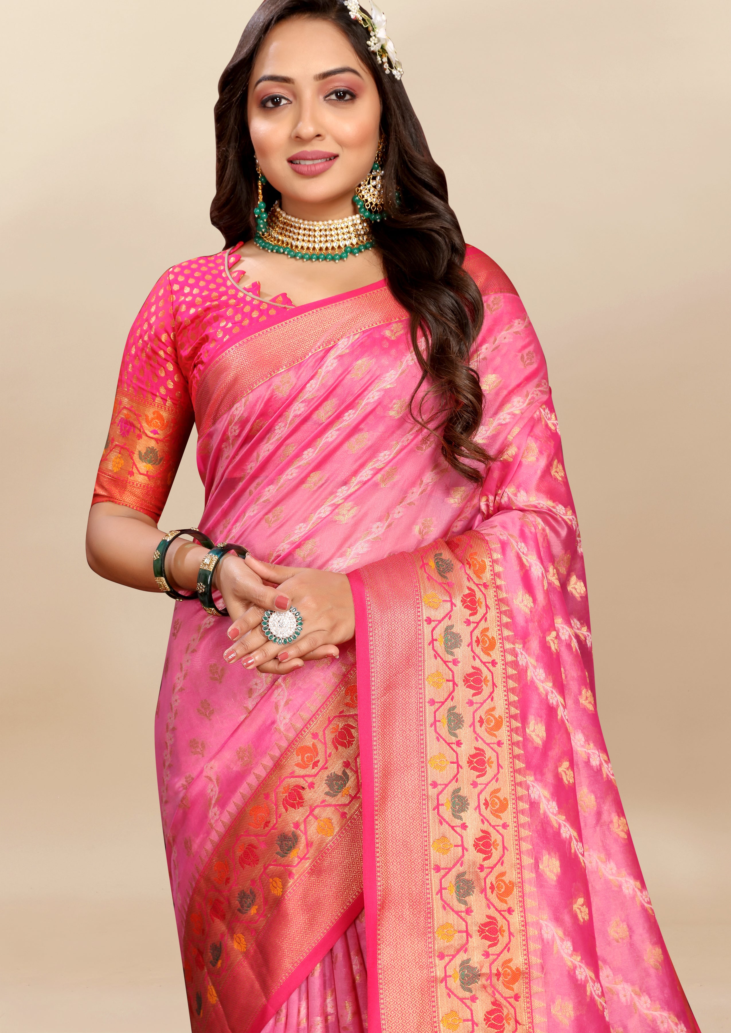 Vsaree Pink Designer Organza Silk Saree With Heavy Rich Pallu And Blouse