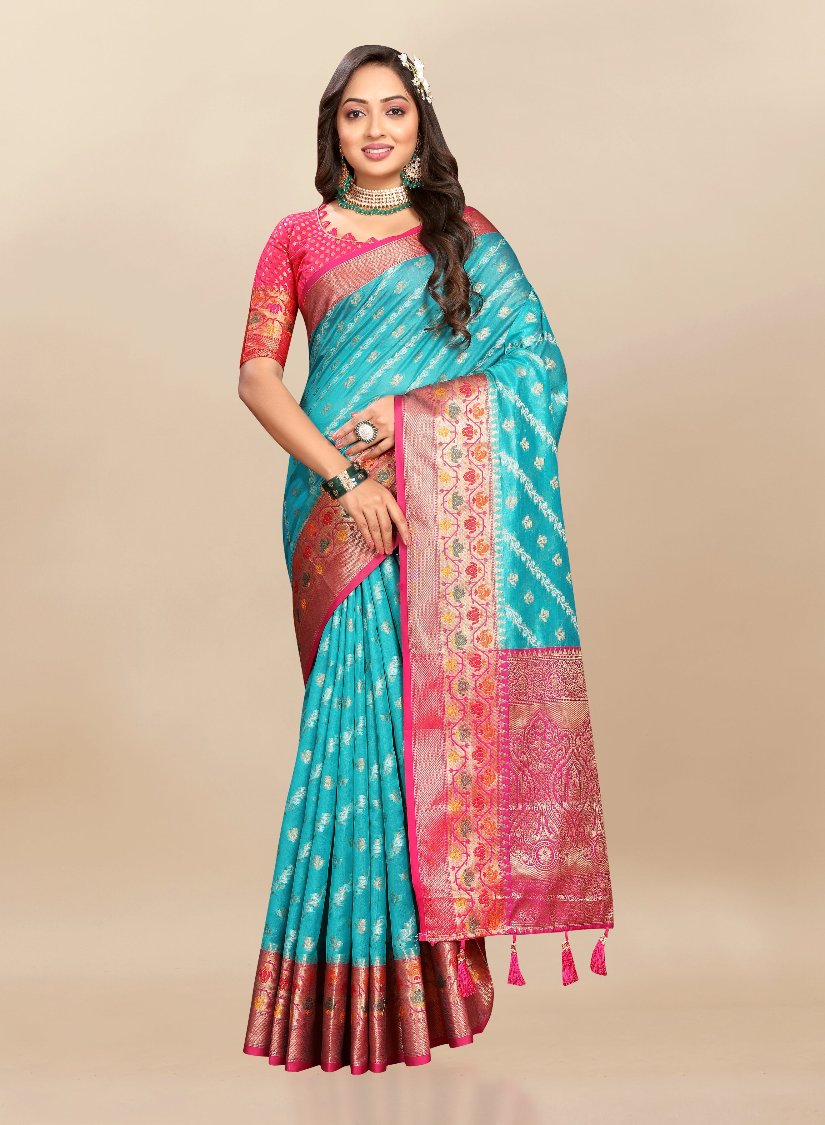 Vsaree Teal Designer Organza Silk Saree With Heavy Rich Pallu And Blouse