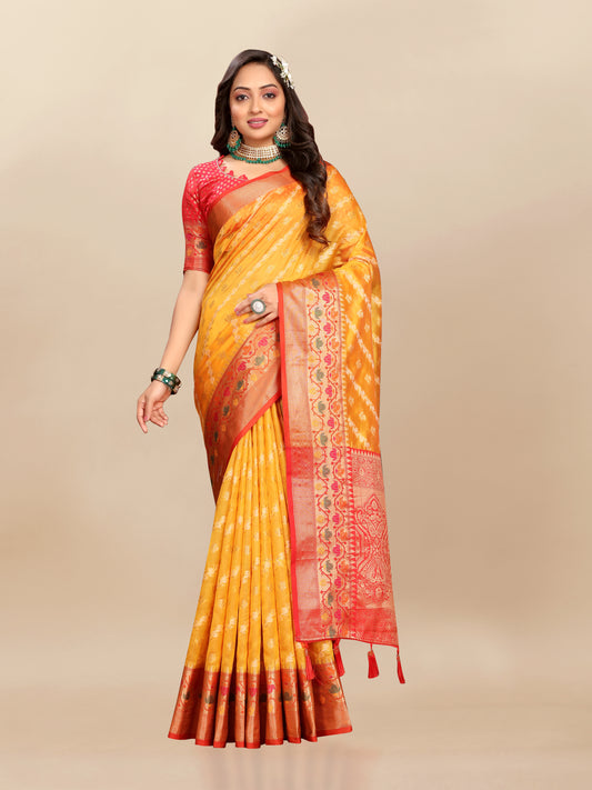 Vsaree Yellow Designer Organza Silk Saree With Heavy Rich Pallu And Blouse