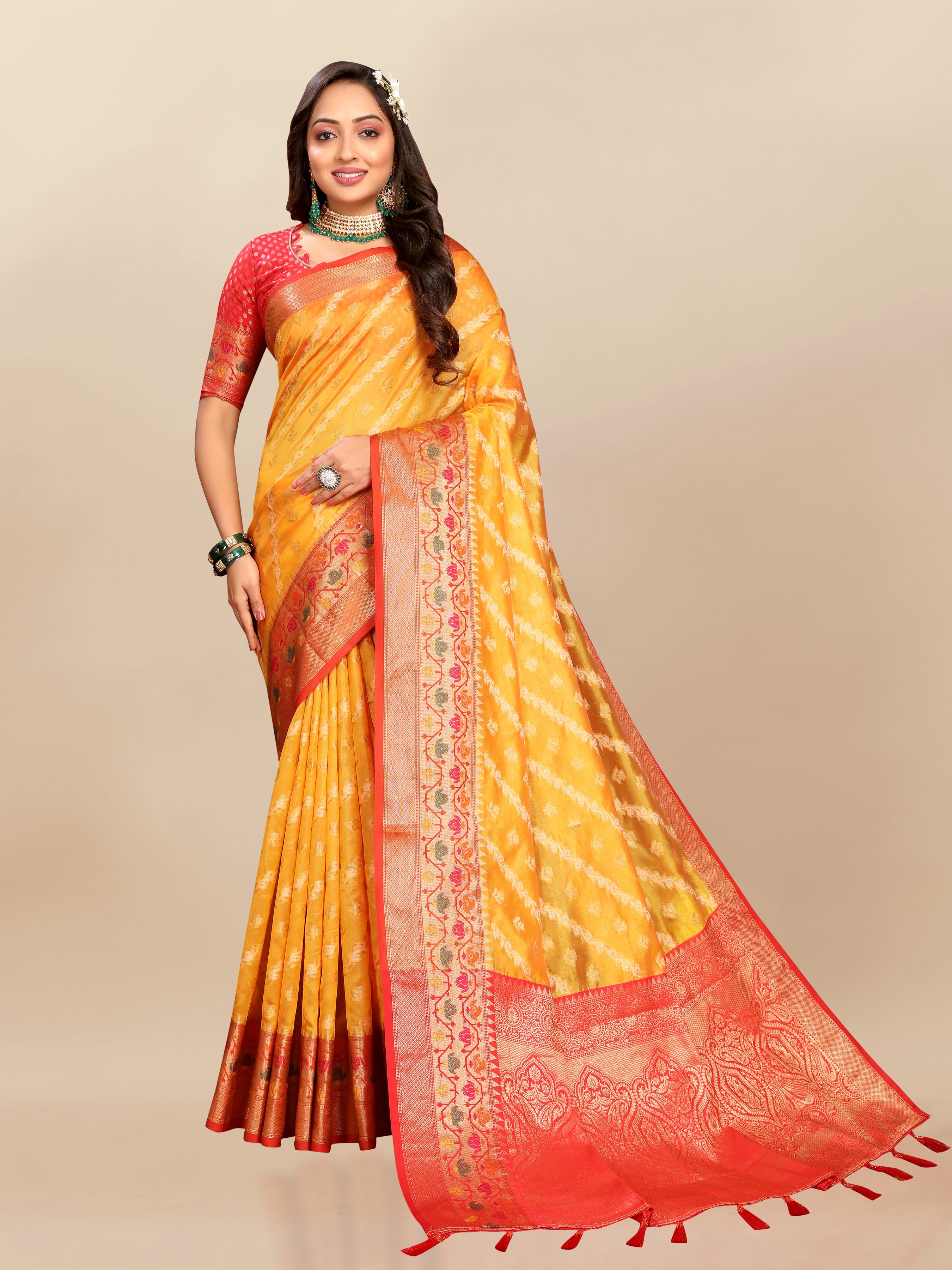 Vsaree Yellow Designer Organza Silk Saree With Heavy Rich Pallu And Blouse