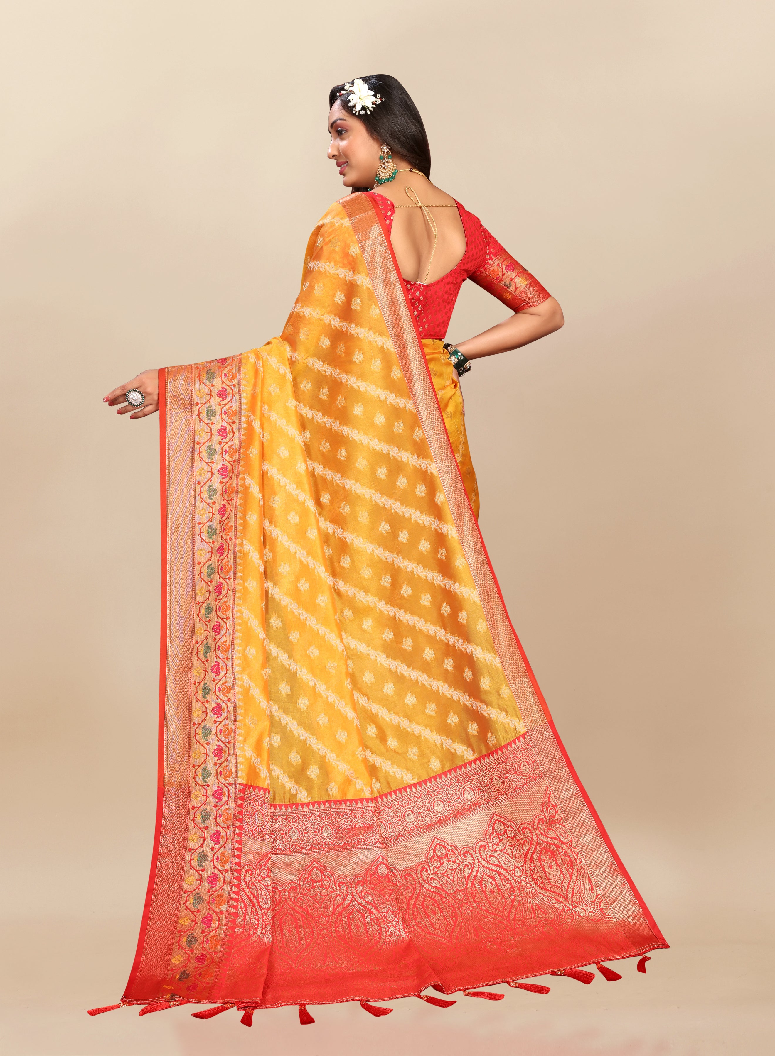 Vsaree Yellow Designer Organza Silk Saree With Heavy Rich Pallu And Blouse