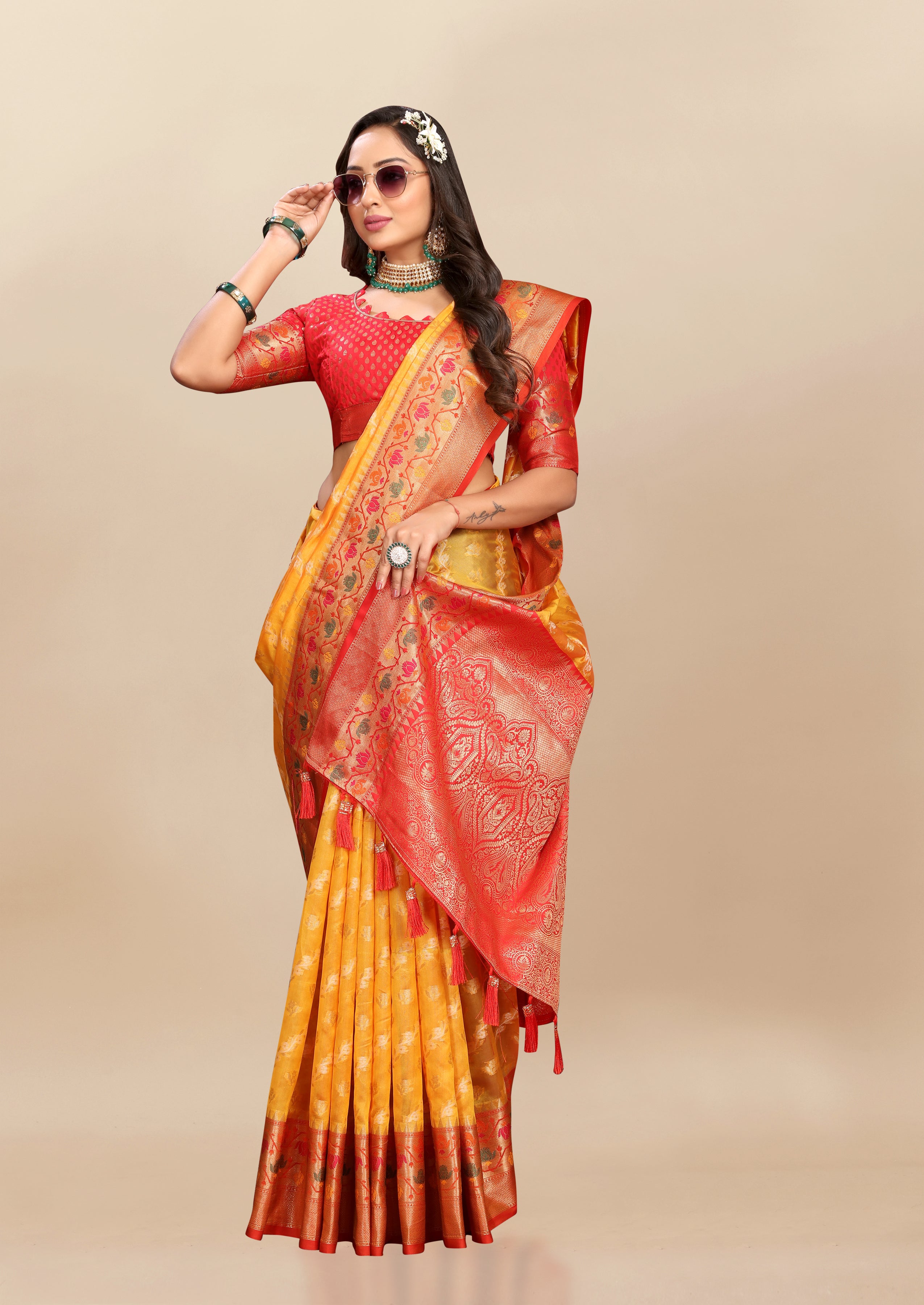 Vsaree Yellow Designer Organza Silk Saree With Heavy Rich Pallu And Blouse