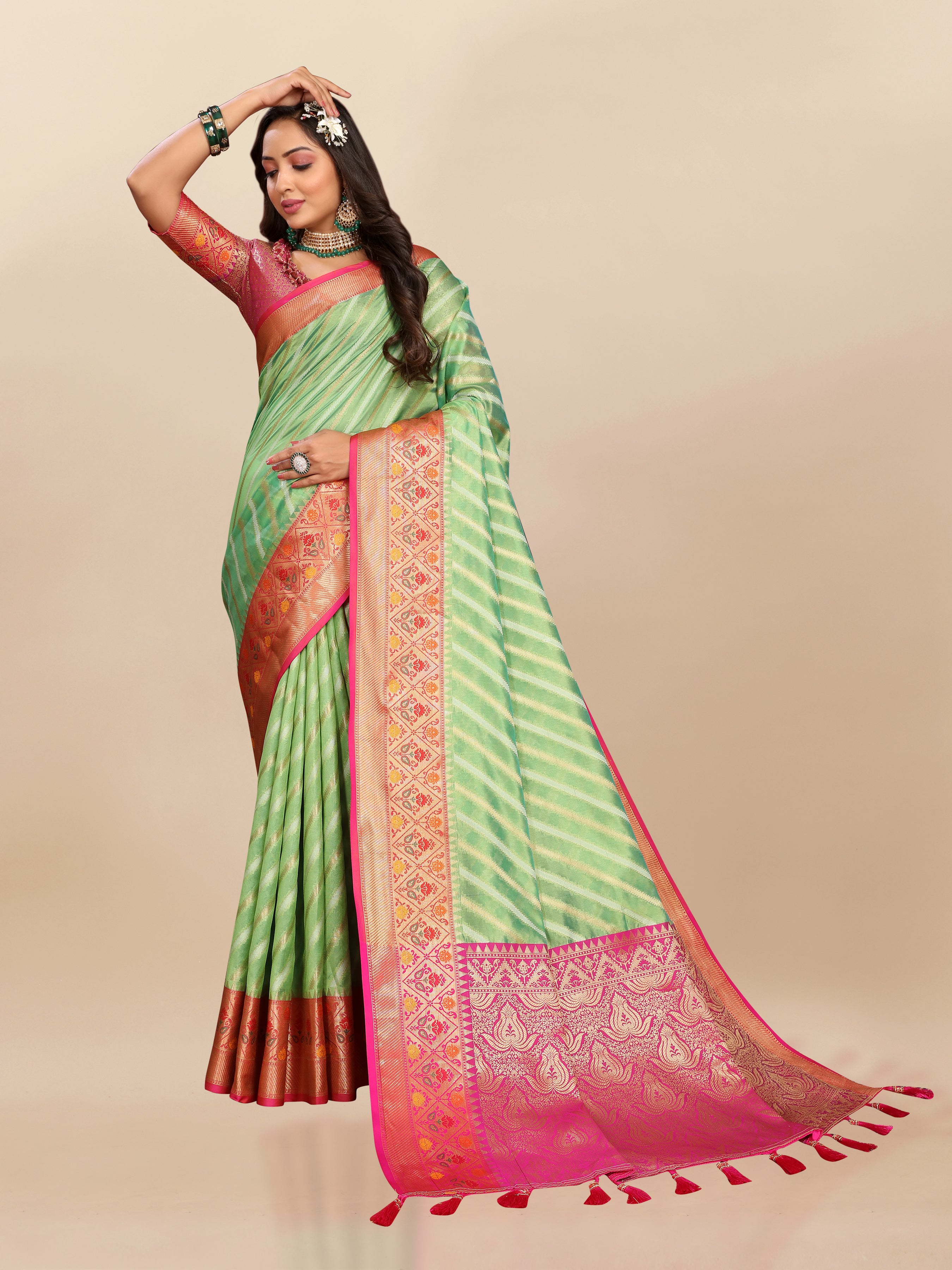 Vsaree Green Designer Organza Silk Saree With Heavy Rich Pallu And Blouse