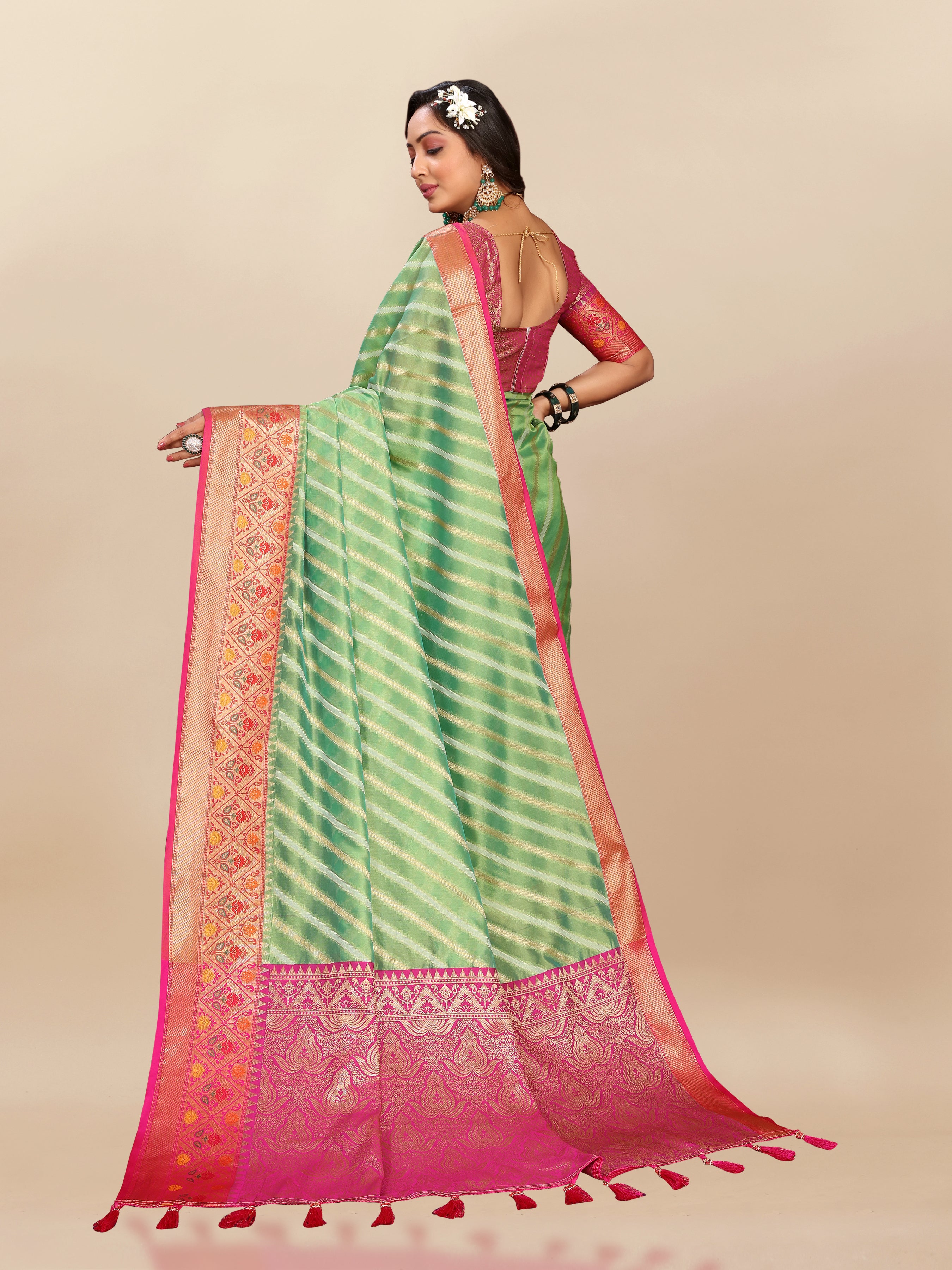 Vsaree Green Designer Organza Silk Saree With Heavy Rich Pallu And Blouse