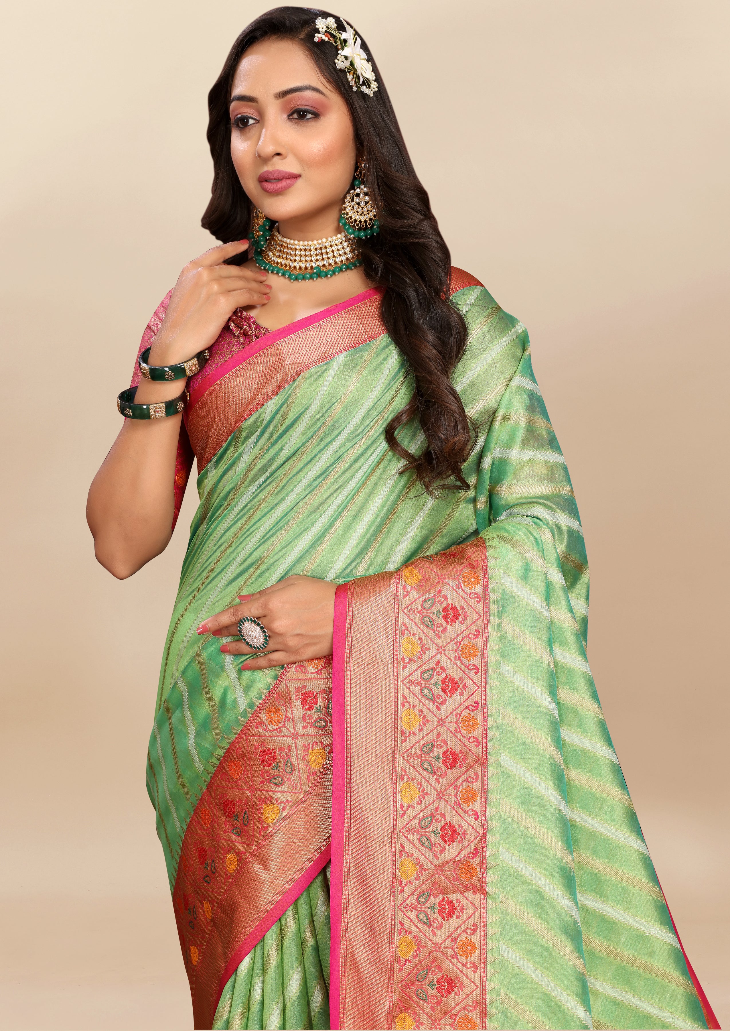 Vsaree Green Designer Organza Silk Saree With Heavy Rich Pallu And Blouse