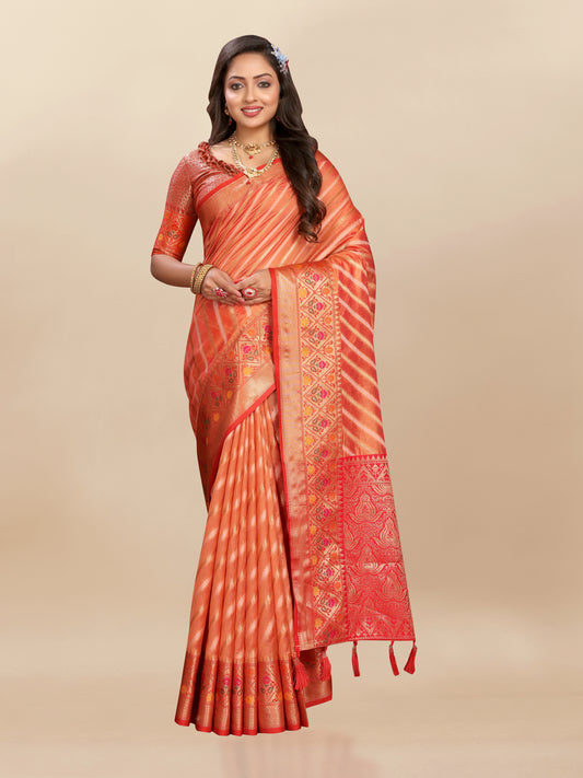 Vsaree Orange Designer Organza Silk Saree With Heavy Rich Pallu And Blouse