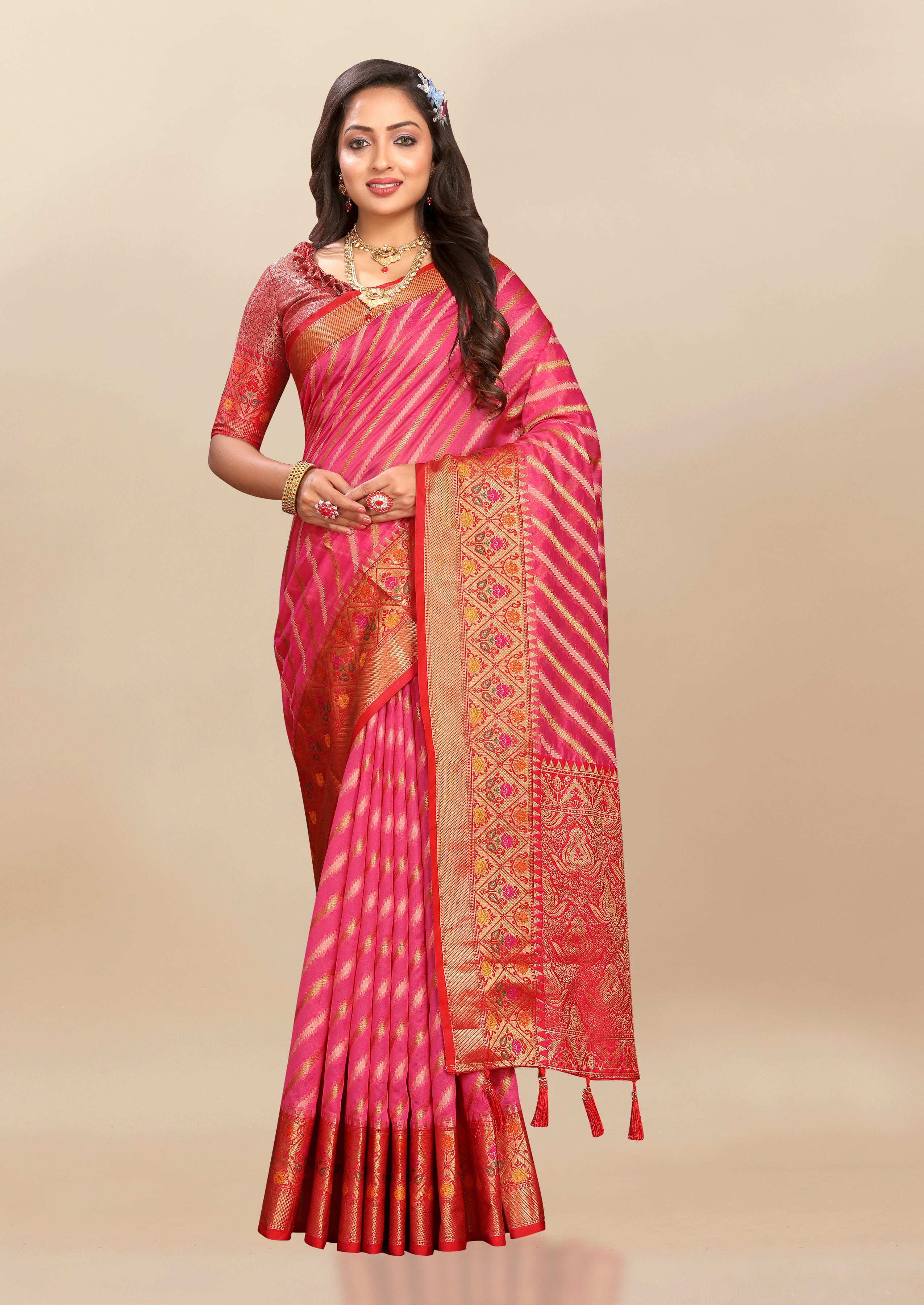 Vsaree Pink Designer Organza Silk Saree With Heavy Rich Pallu And Blouse