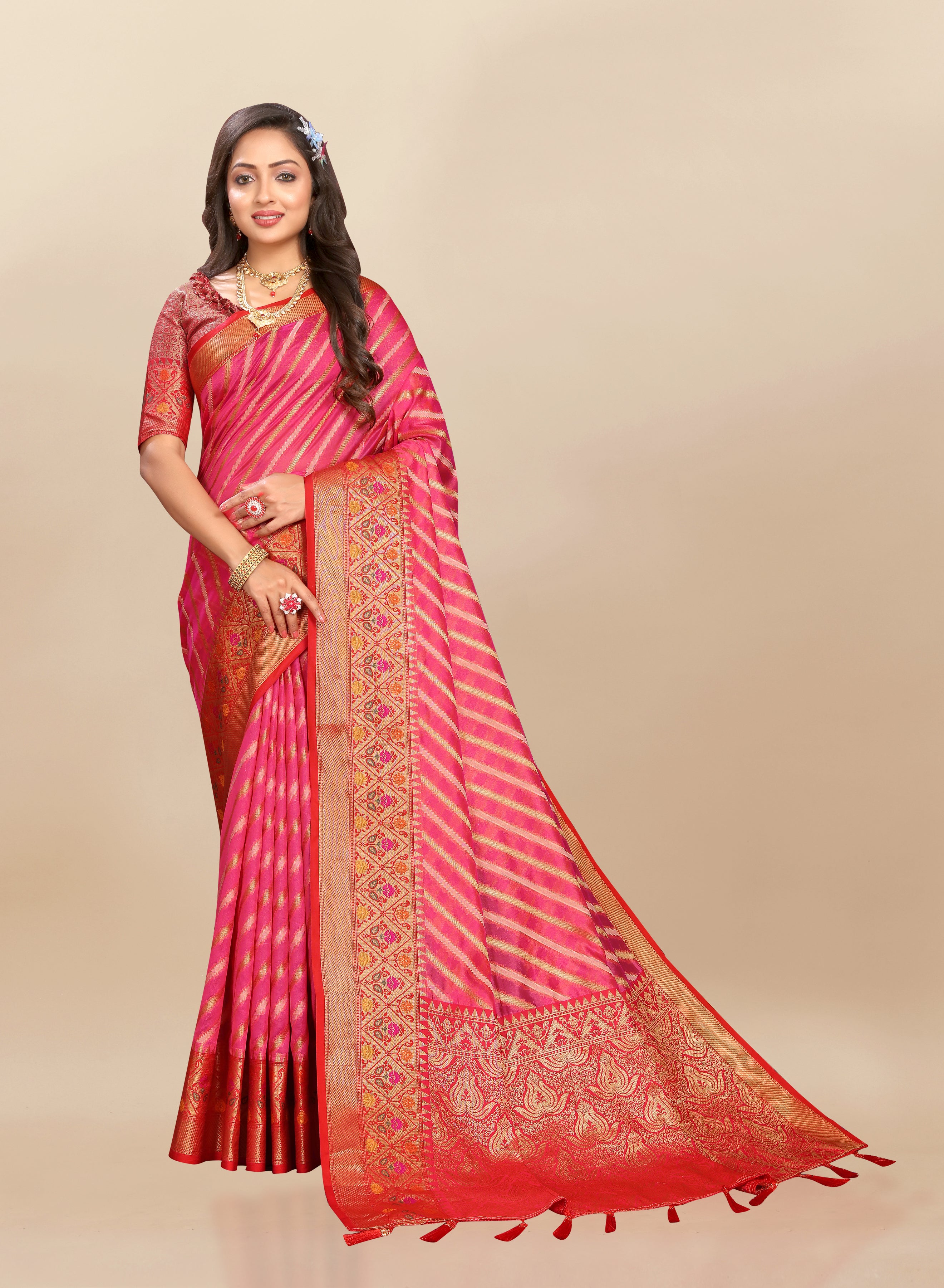 Vsaree Pink Designer Organza Silk Saree With Heavy Rich Pallu And Blouse