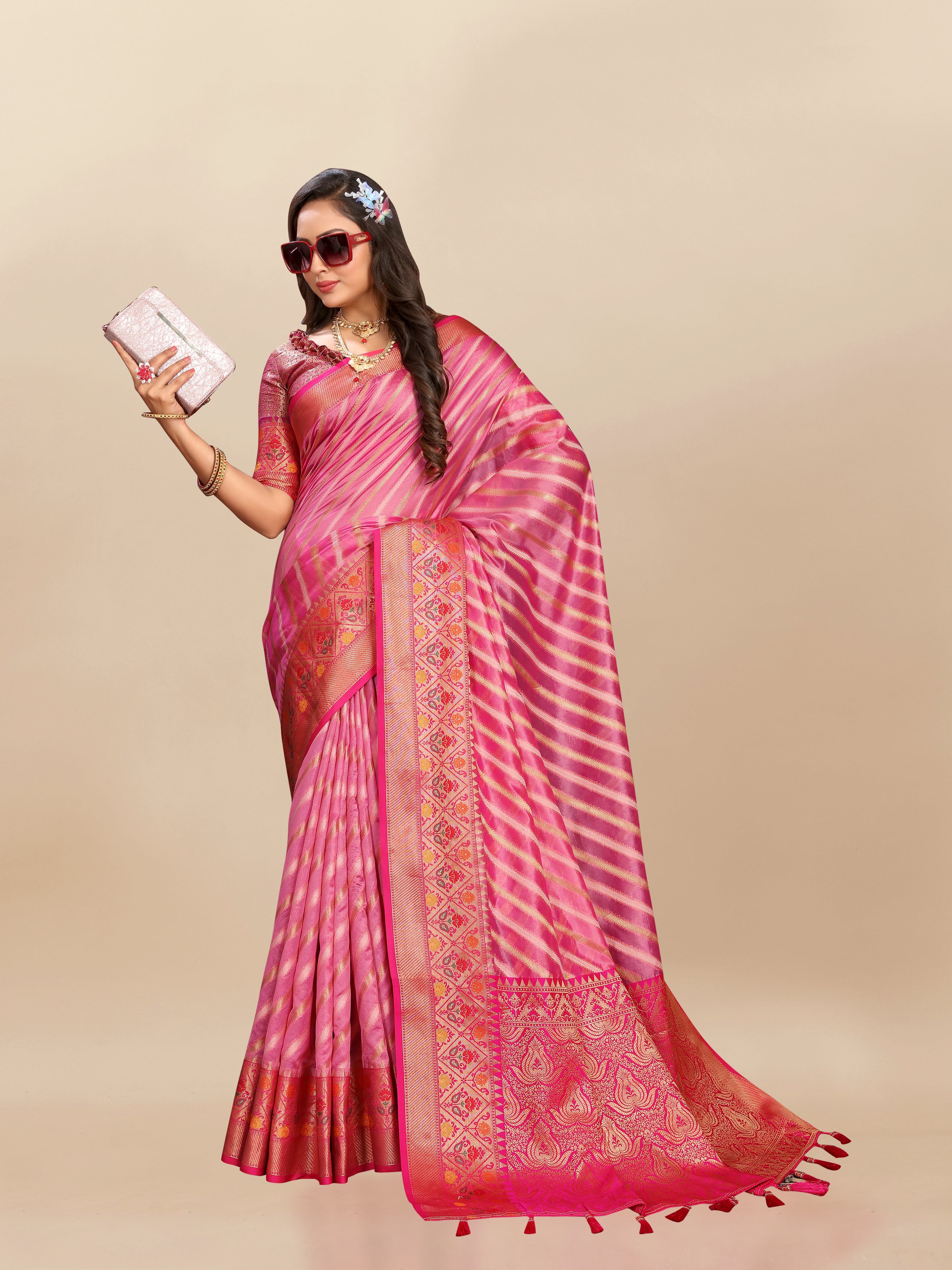 Vsaree Rani Pink Designer Organza Silk Saree With Heavy Rich Pallu And Blouse