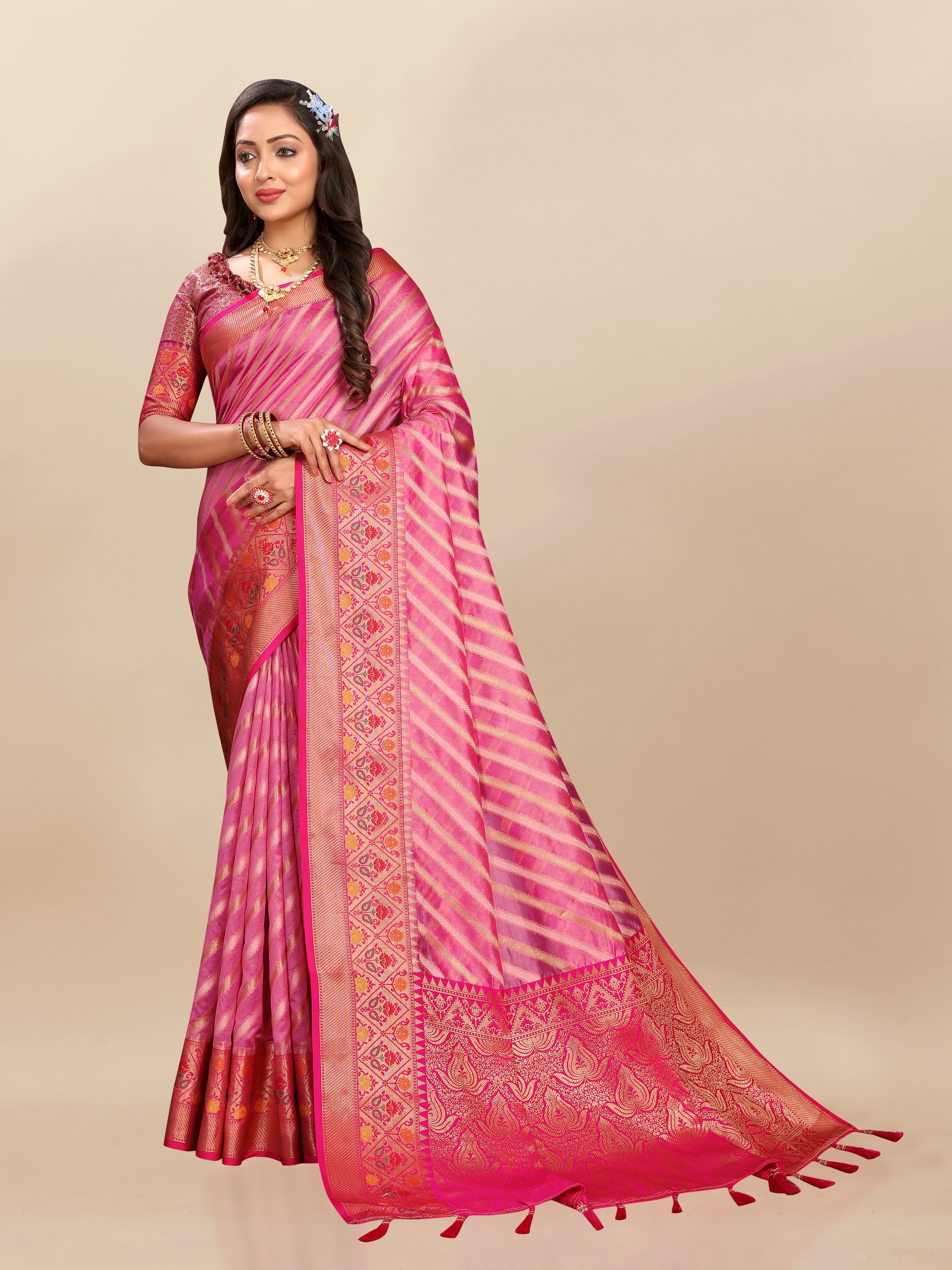 Vsaree Rani Pink Designer Organza Silk Saree With Heavy Rich Pallu And Blouse