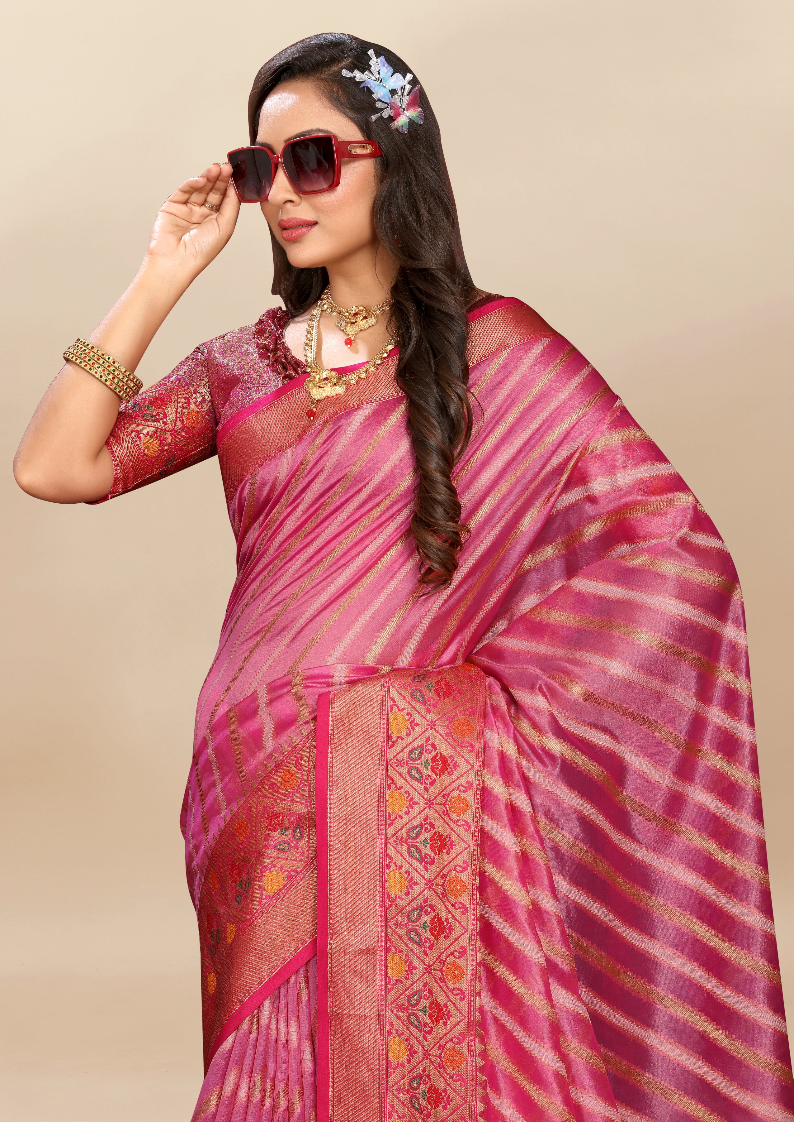 Vsaree Rani Pink Designer Organza Silk Saree With Heavy Rich Pallu And Blouse