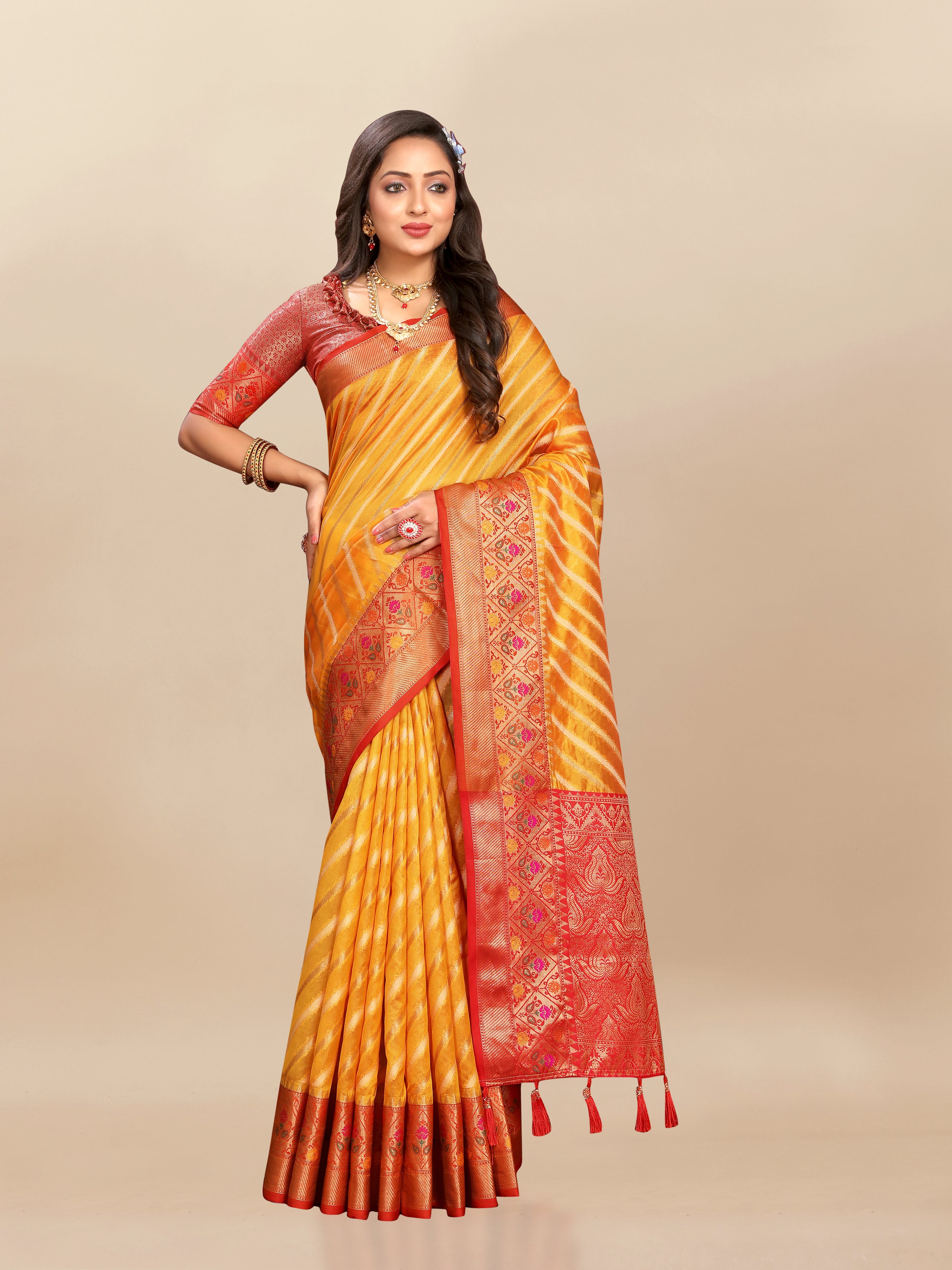 Vsaree Yellow Designer Organza Silk Saree With Heavy Rich Pallu And Blouse