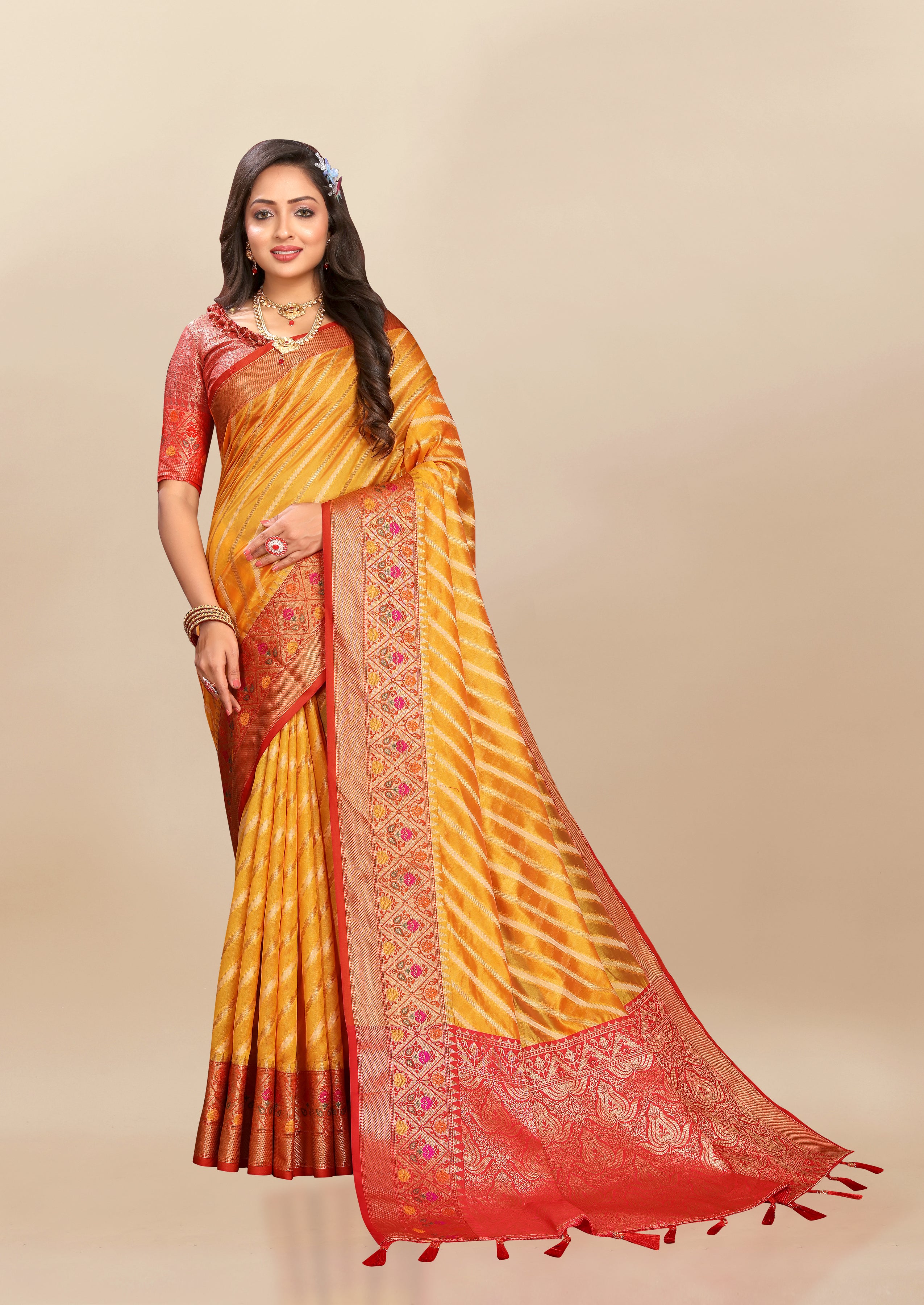 Vsaree Yellow Designer Organza Silk Saree With Heavy Rich Pallu And Blouse