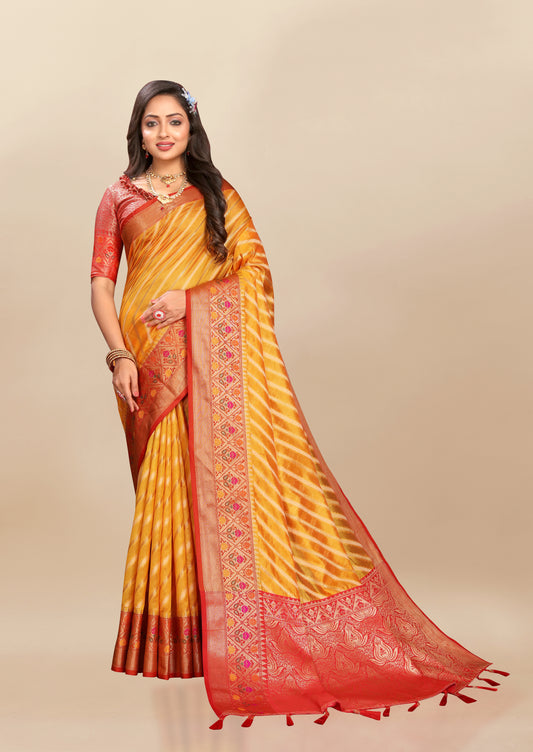 Vsaree Yellow Designer Organza Silk Saree With Heavy Rich Pallu And Blouse