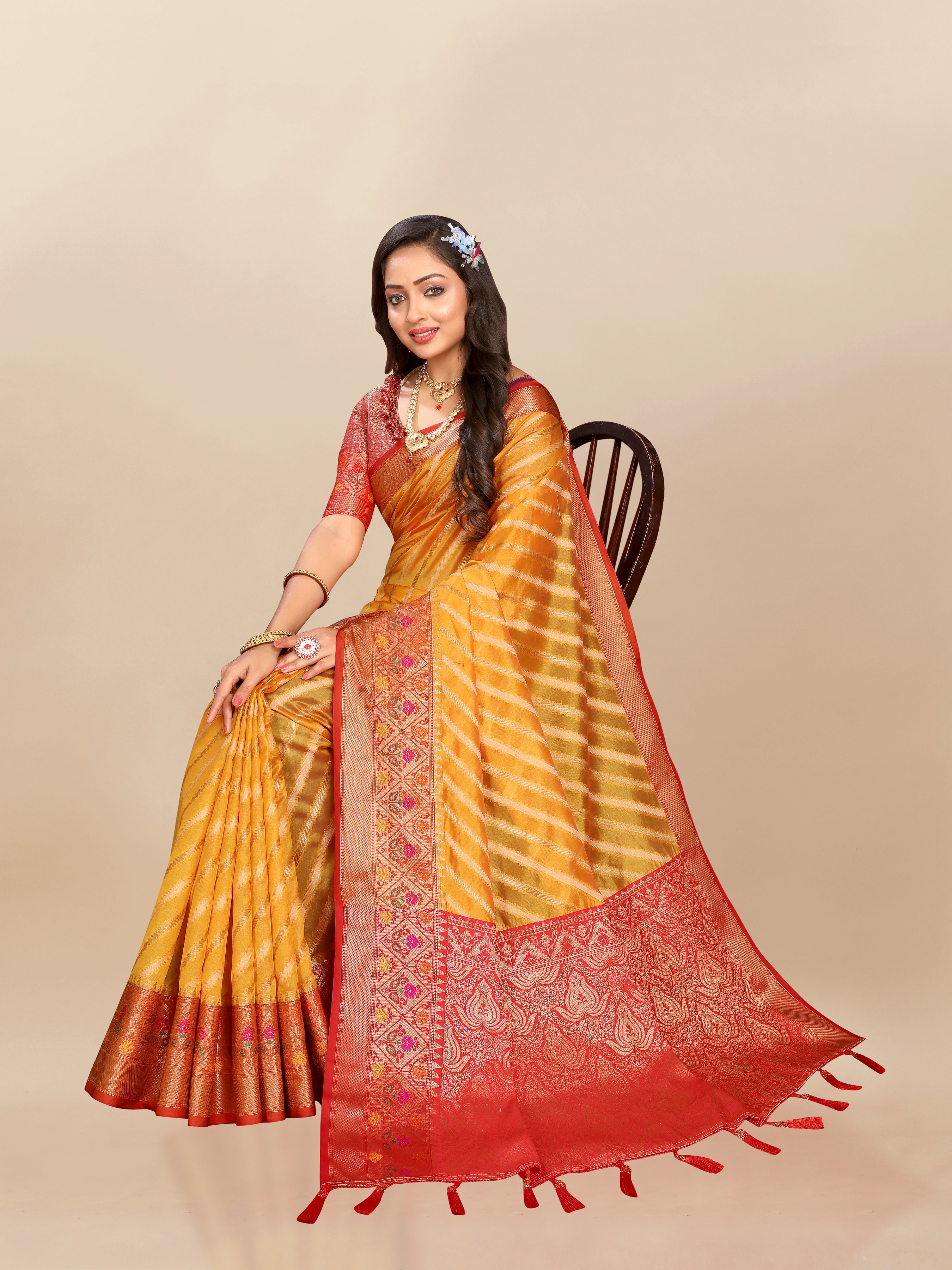 Vsaree Yellow Designer Organza Silk Saree With Heavy Rich Pallu And Blouse