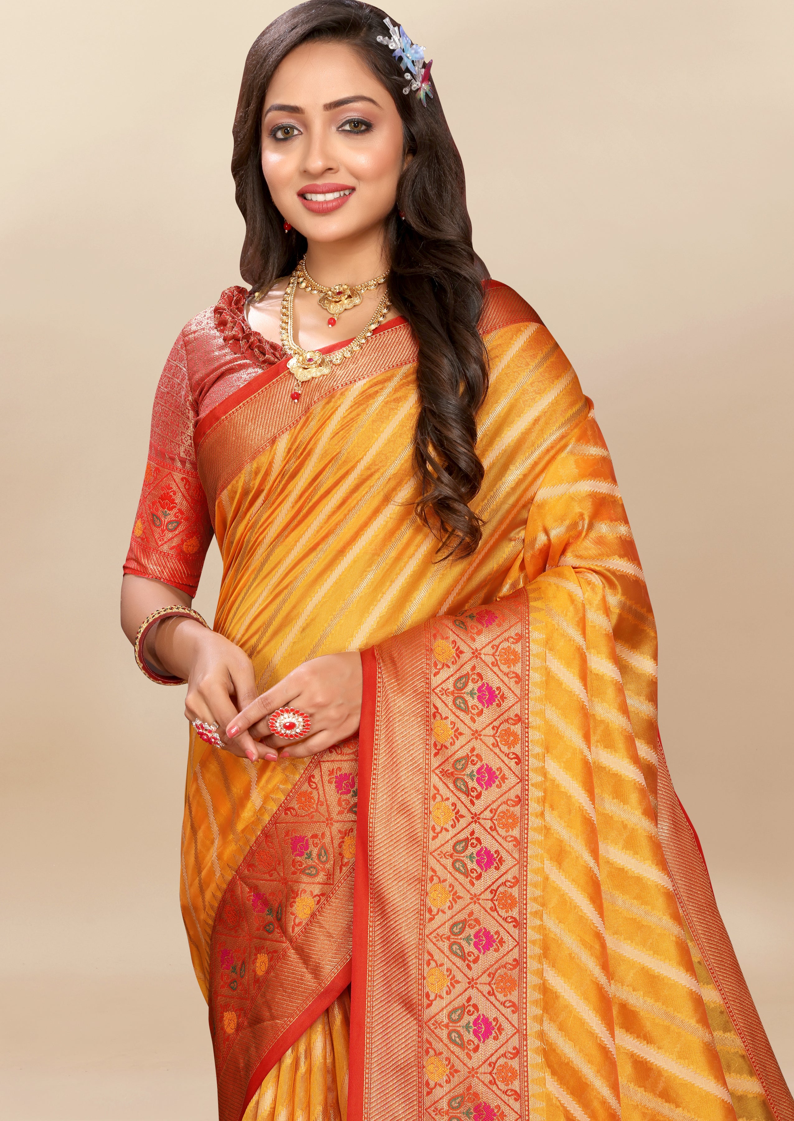 Vsaree Yellow Designer Organza Silk Saree With Heavy Rich Pallu And Blouse