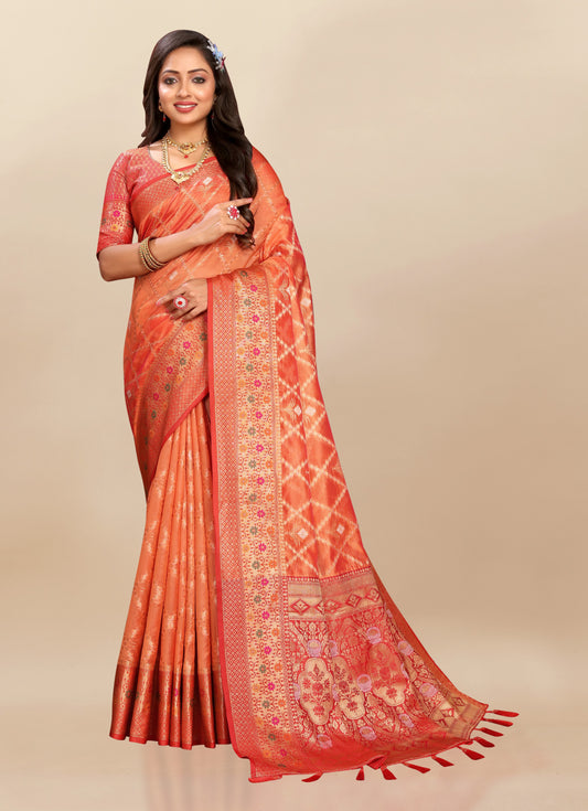 Vsaree Orange Kanjivaram Silk And Zari weaving Saree With Designer Border And Blouse