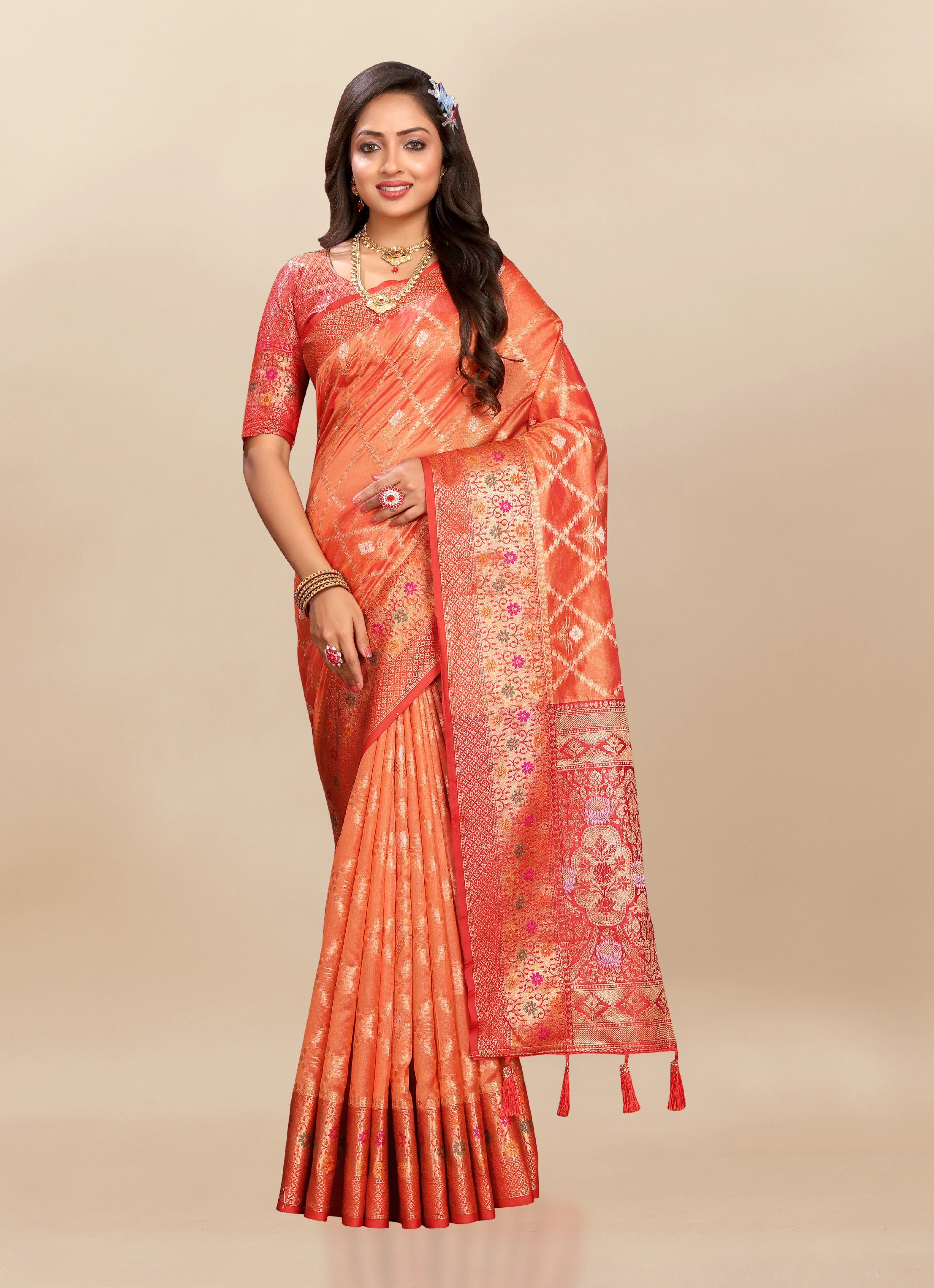 Vsaree Orange Kanjivaram Silk And Zari weaving Saree With Designer Border And Blouse