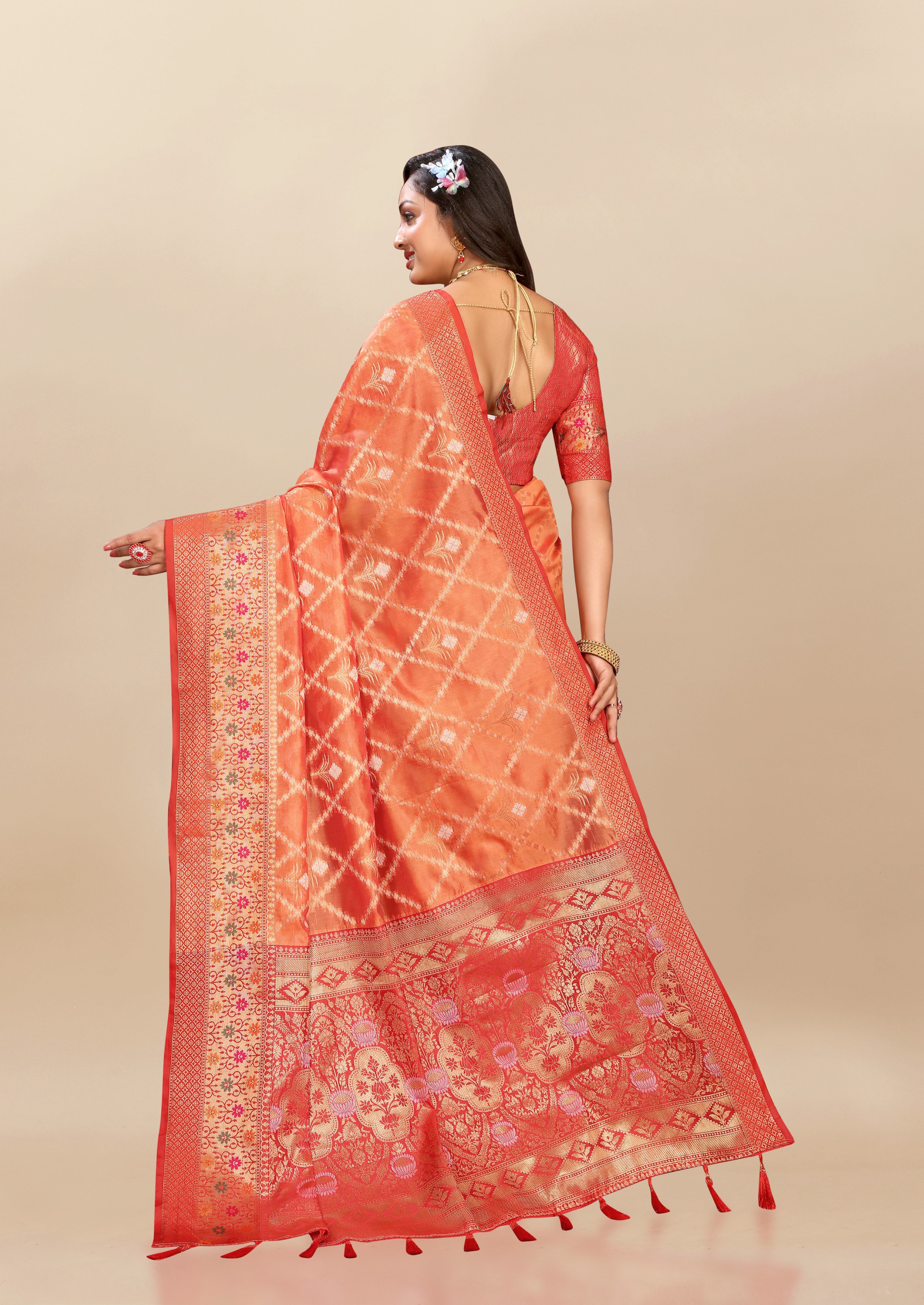 Vsaree Orange Kanjivaram Silk And Zari weaving Saree With Designer Border And Blouse