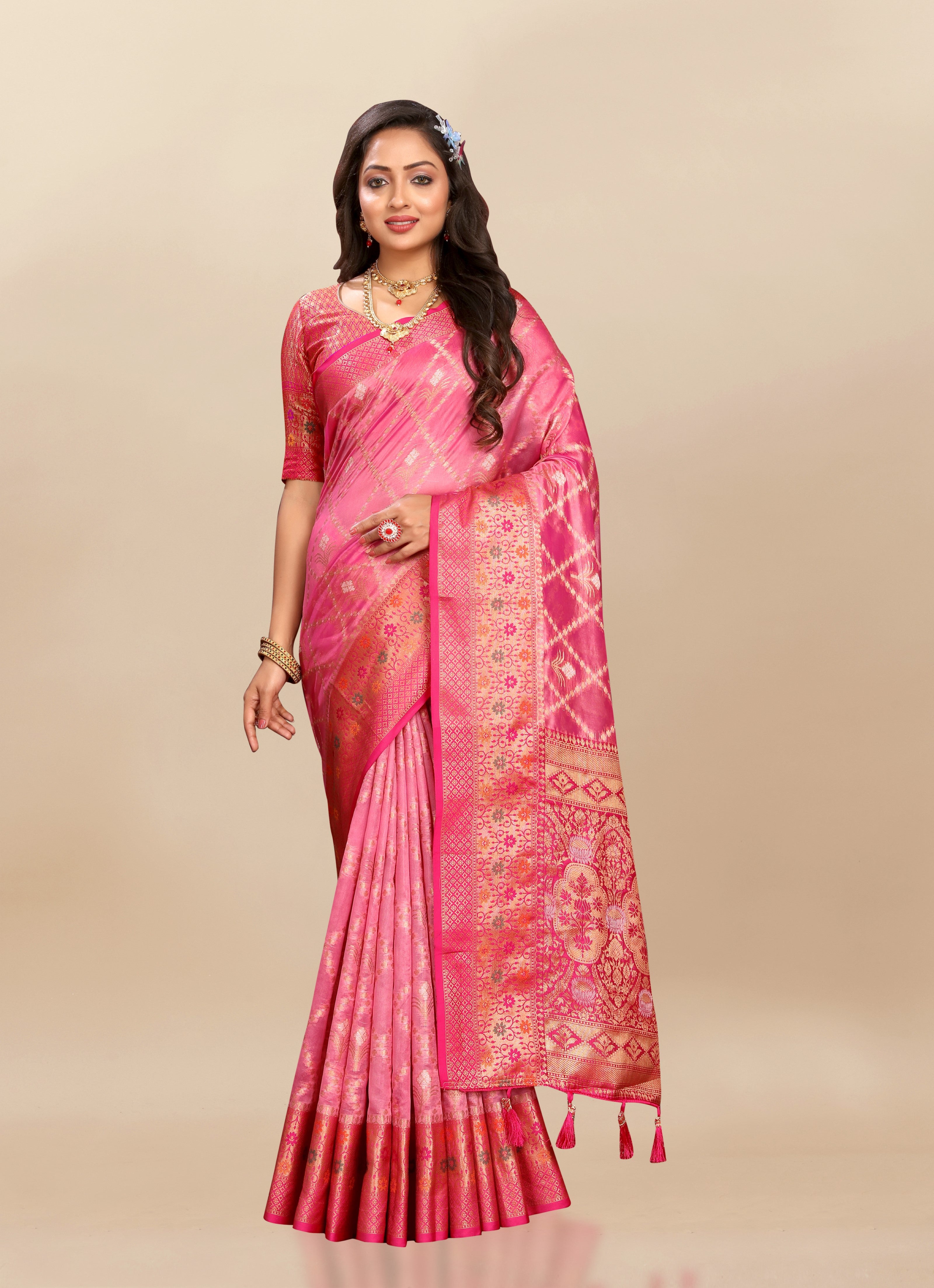 Vsaree Peach Kanjivaram Silk And Zari weaving Saree With Designer Border And Blouse