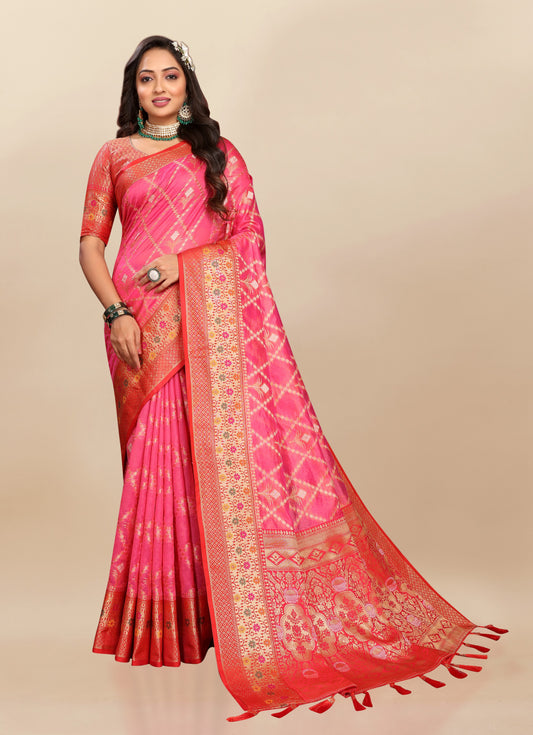 Vsaree Pink Kanjivaram Silk And Zari weaving Saree With Designer Border And Blouse