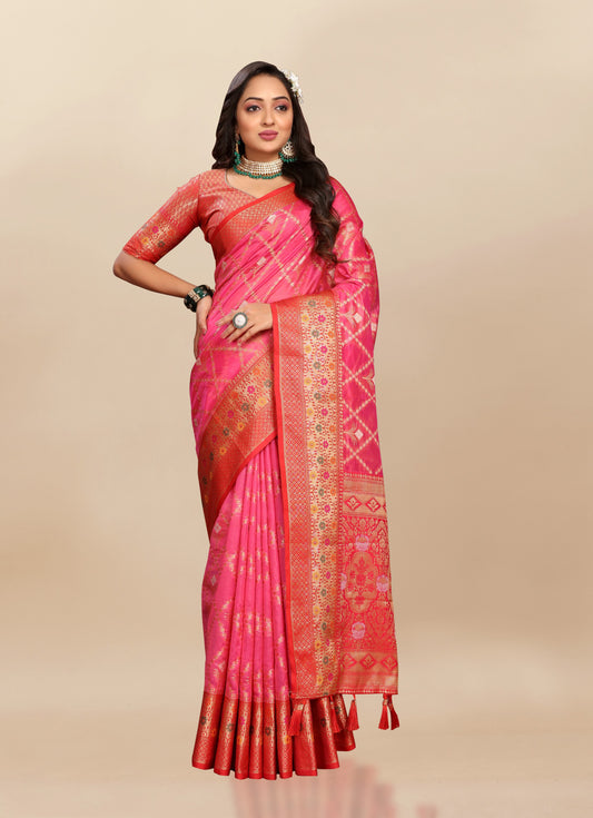 Vsaree Pink Kanjivaram Silk And Zari weaving Saree With Designer Border And Blouse