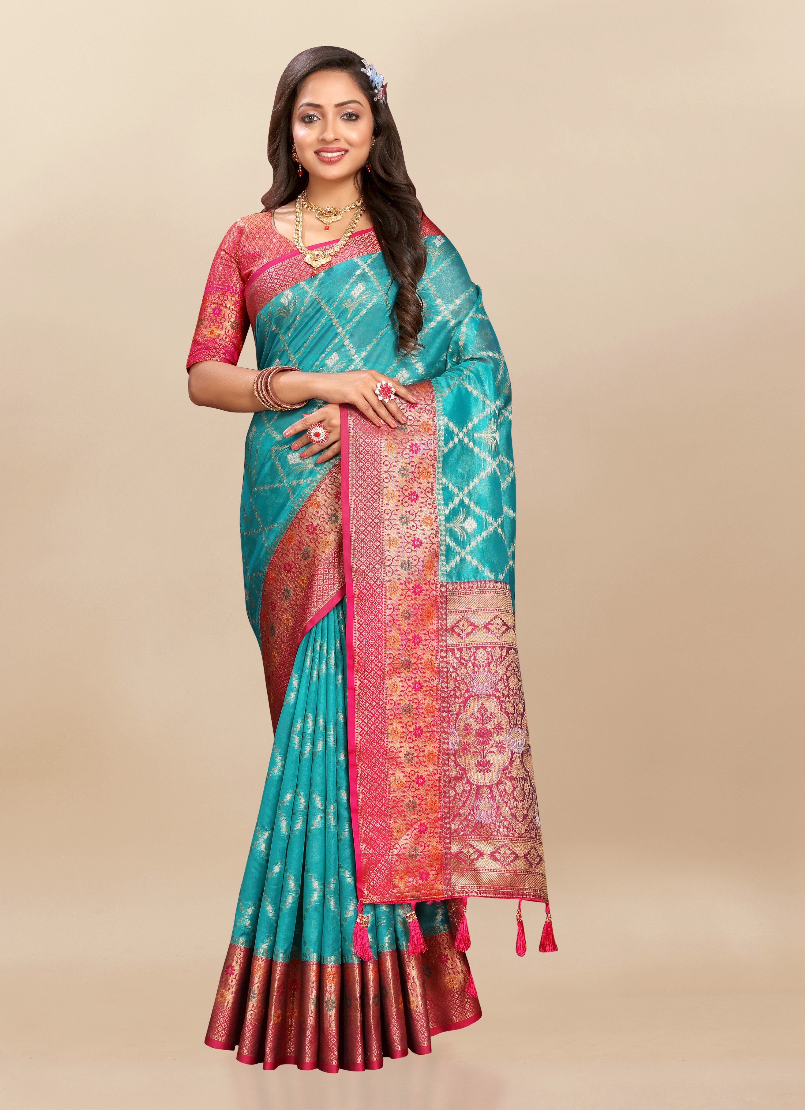 Vsaree Rama Kanjivaram Silk And Zari weaving Saree With Designer Border And Blouse