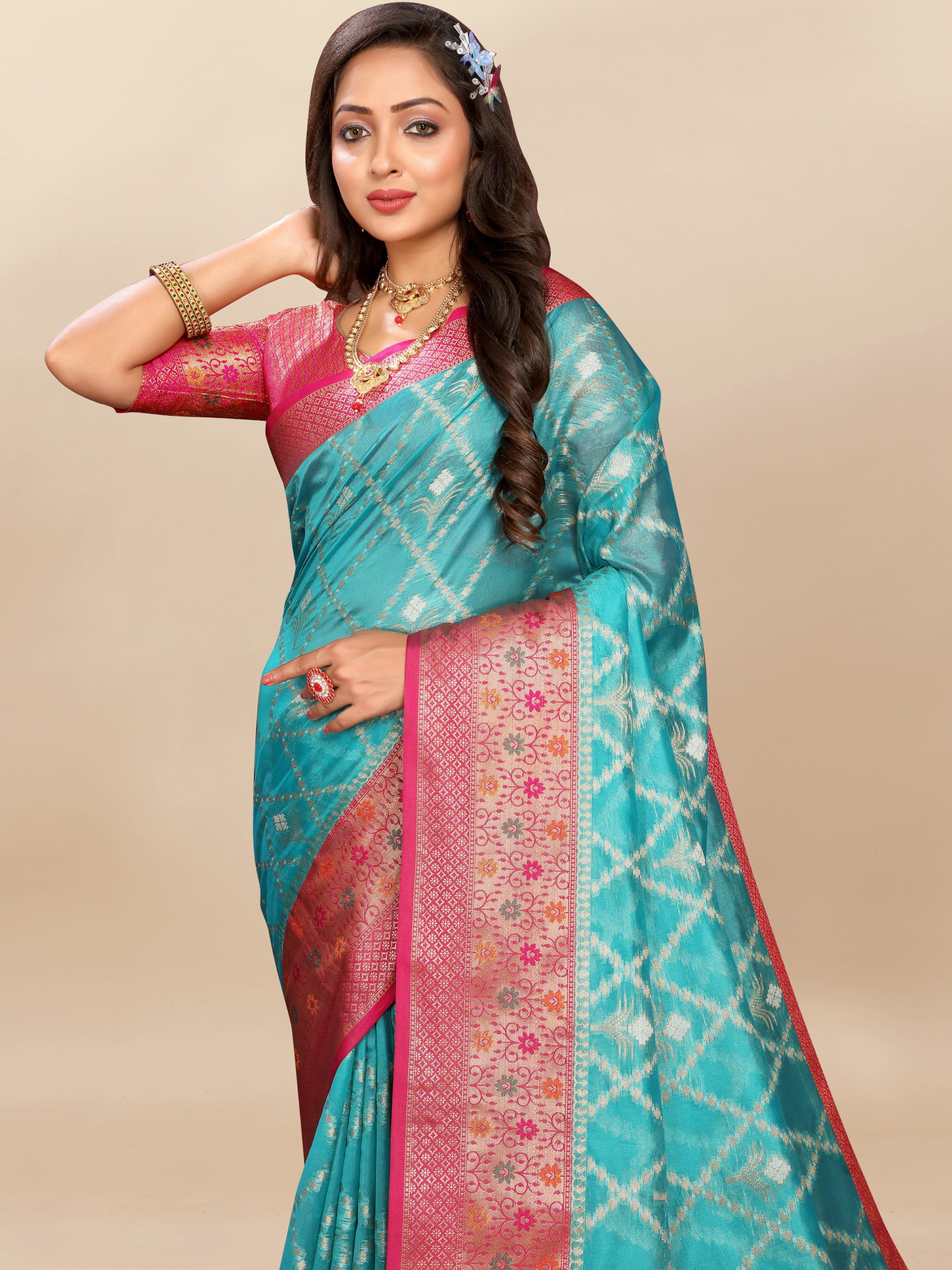 Vsaree Rama Kanjivaram Silk And Zari weaving Saree With Designer Border And Blouse