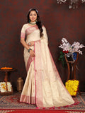 Vsaree Cream Silk Blend Saree With Flower Design Border And Blouse