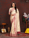 Vsaree Cream Silk Blend Saree With Flower Design Border And Blouse