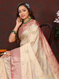 Vsaree Cream Silk Blend Saree With Flower Design Border And Blouse