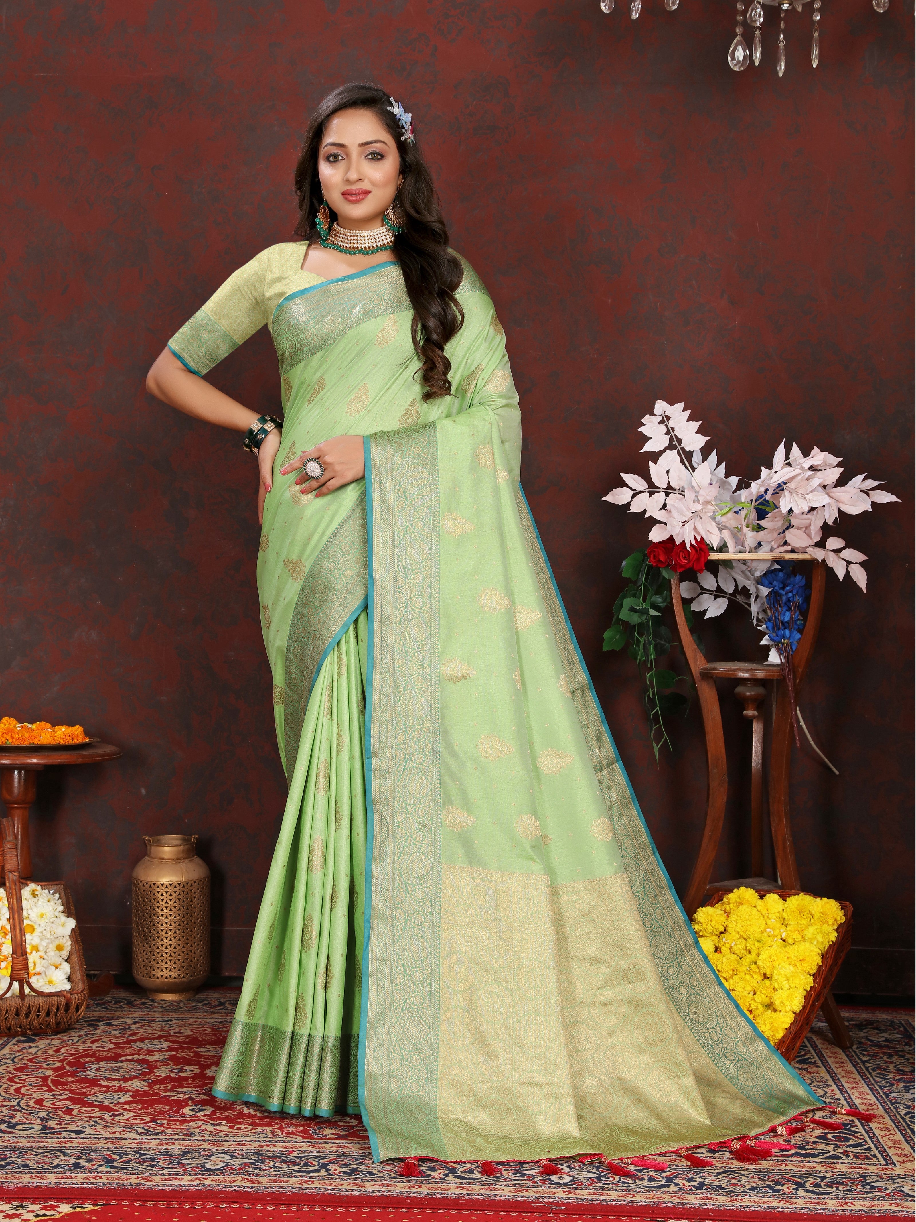 Vsaree Green Silk Blend Saree With Flower Design Border And Blouse