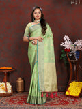 Vsaree Green Silk Blend Saree With Flower Design Border And Blouse