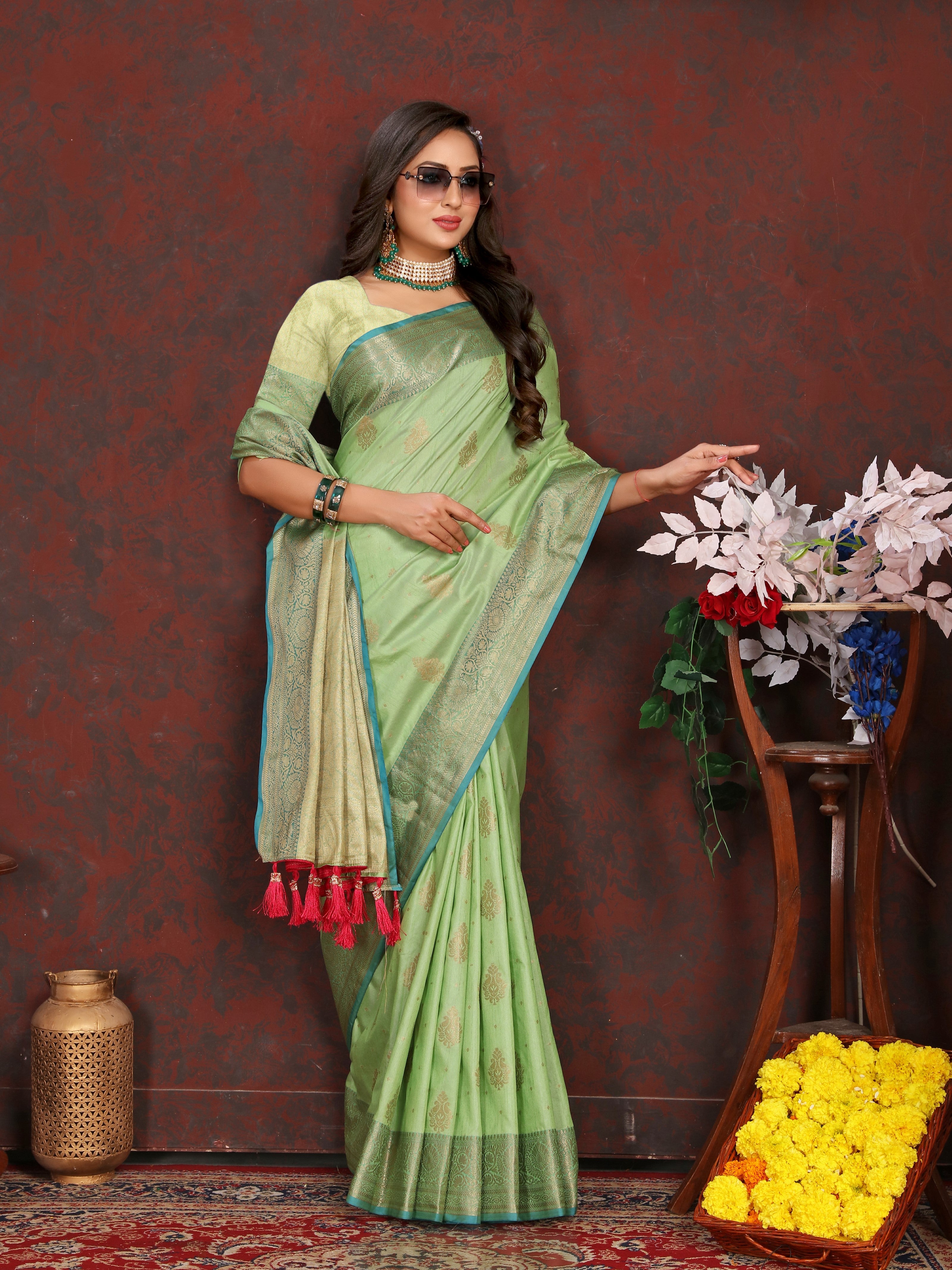 Vsaree Green Silk Blend Saree With Flower Design Border And Blouse