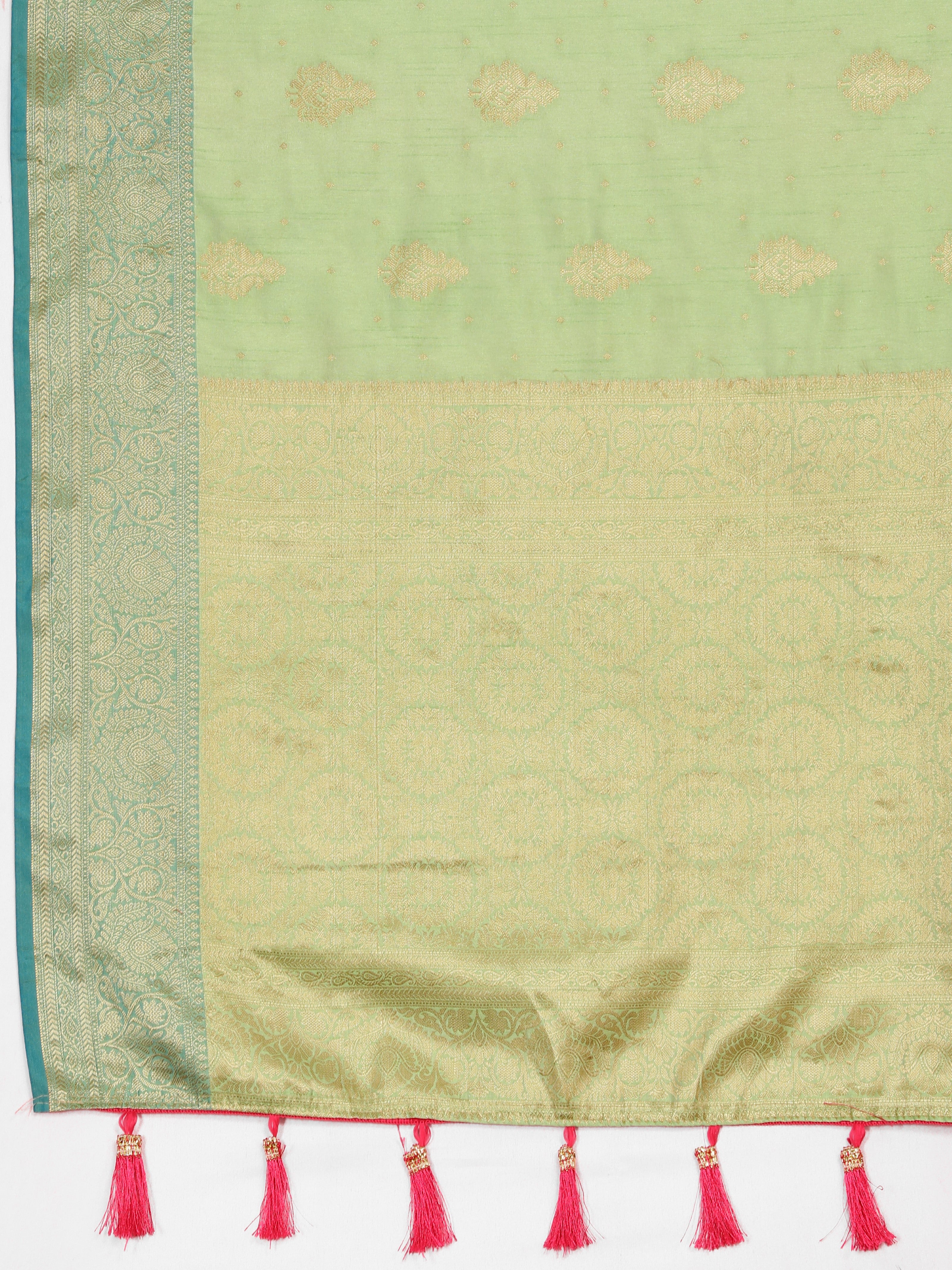 Vsaree Green Silk Blend Saree With Flower Design Border And Blouse