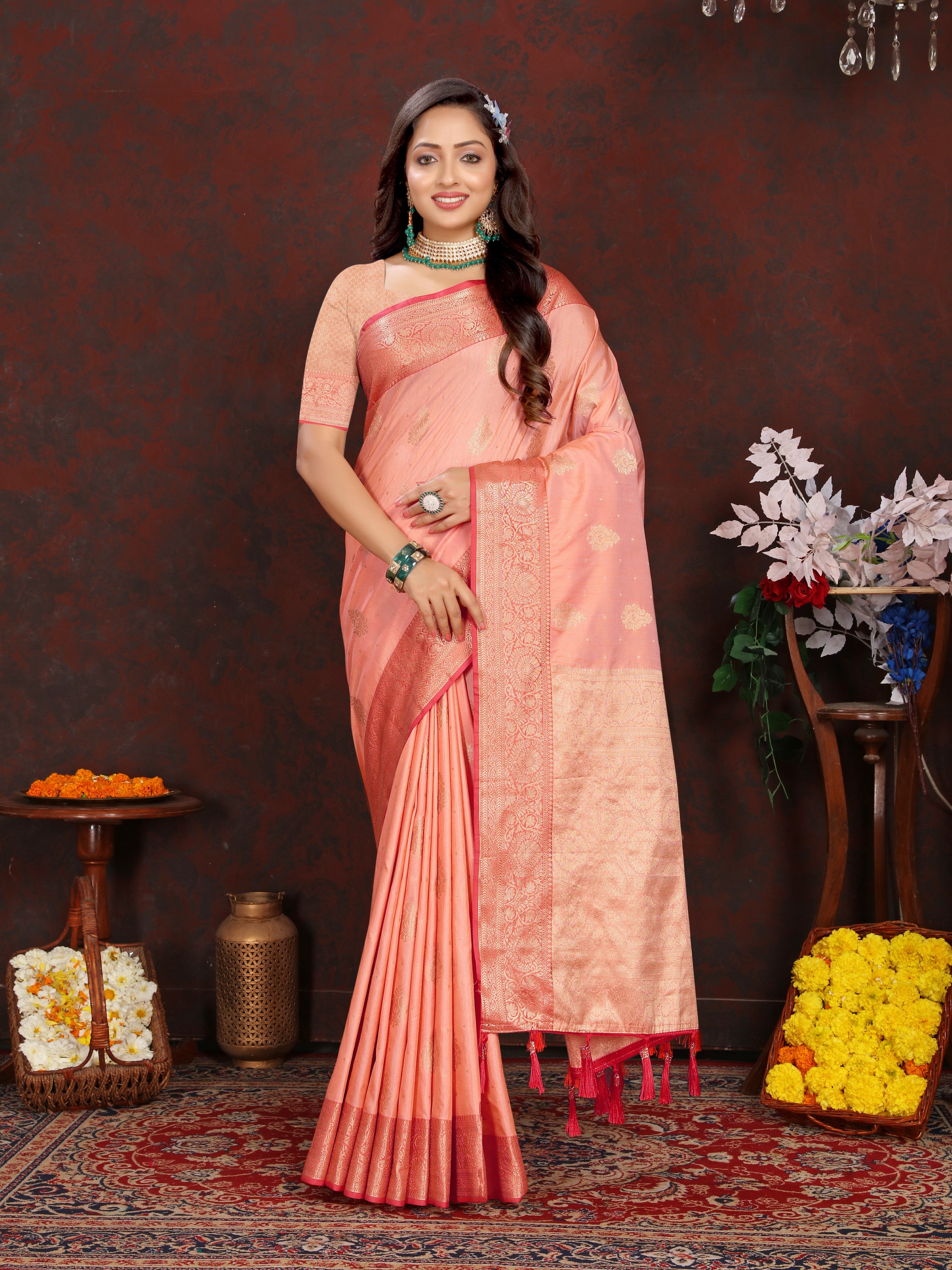 Vsaree Peach Silk Blend Saree With Flower Design Border And Blouse