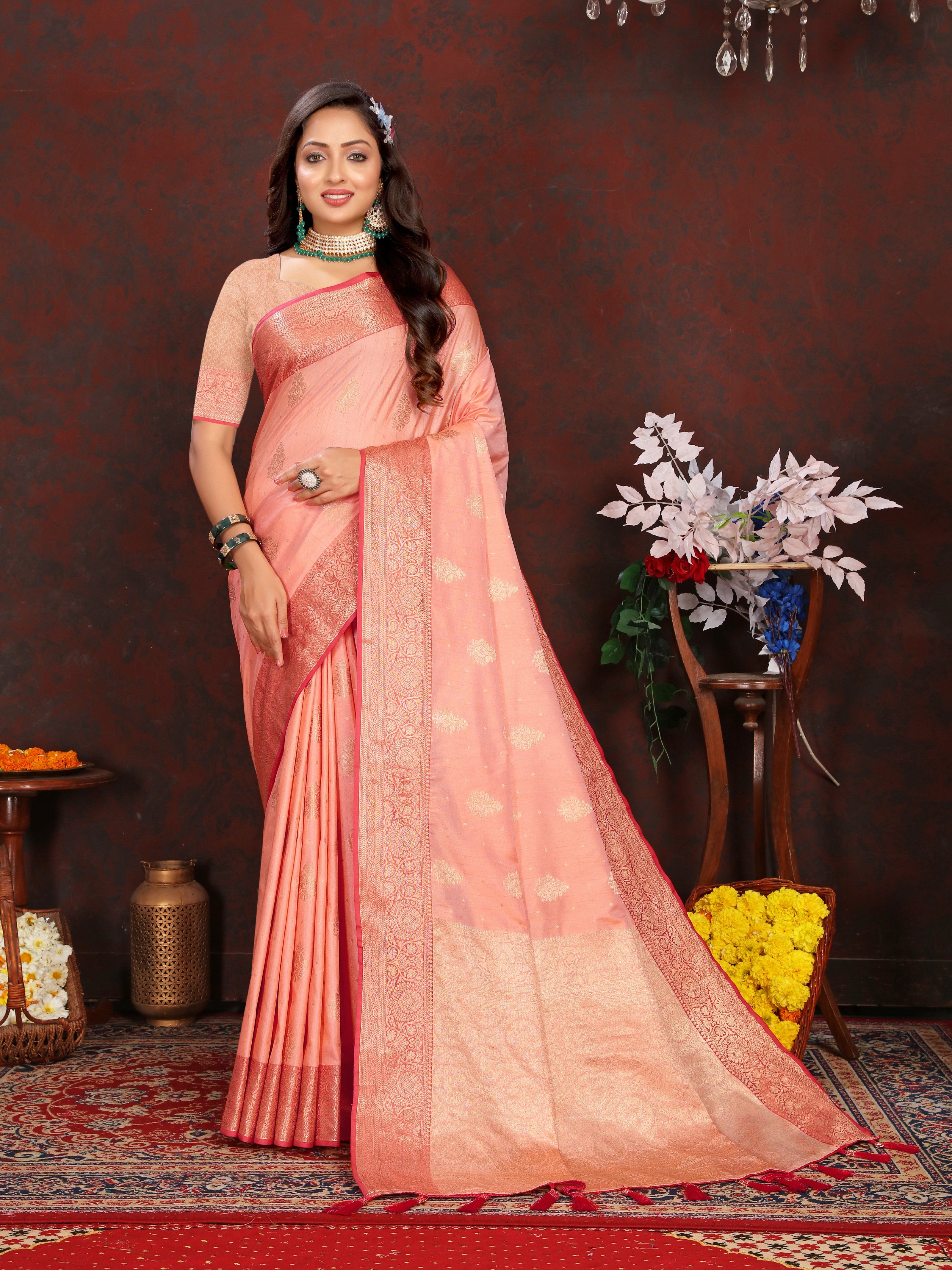 Vsaree Peach Silk Blend Saree With Flower Design Border And Blouse