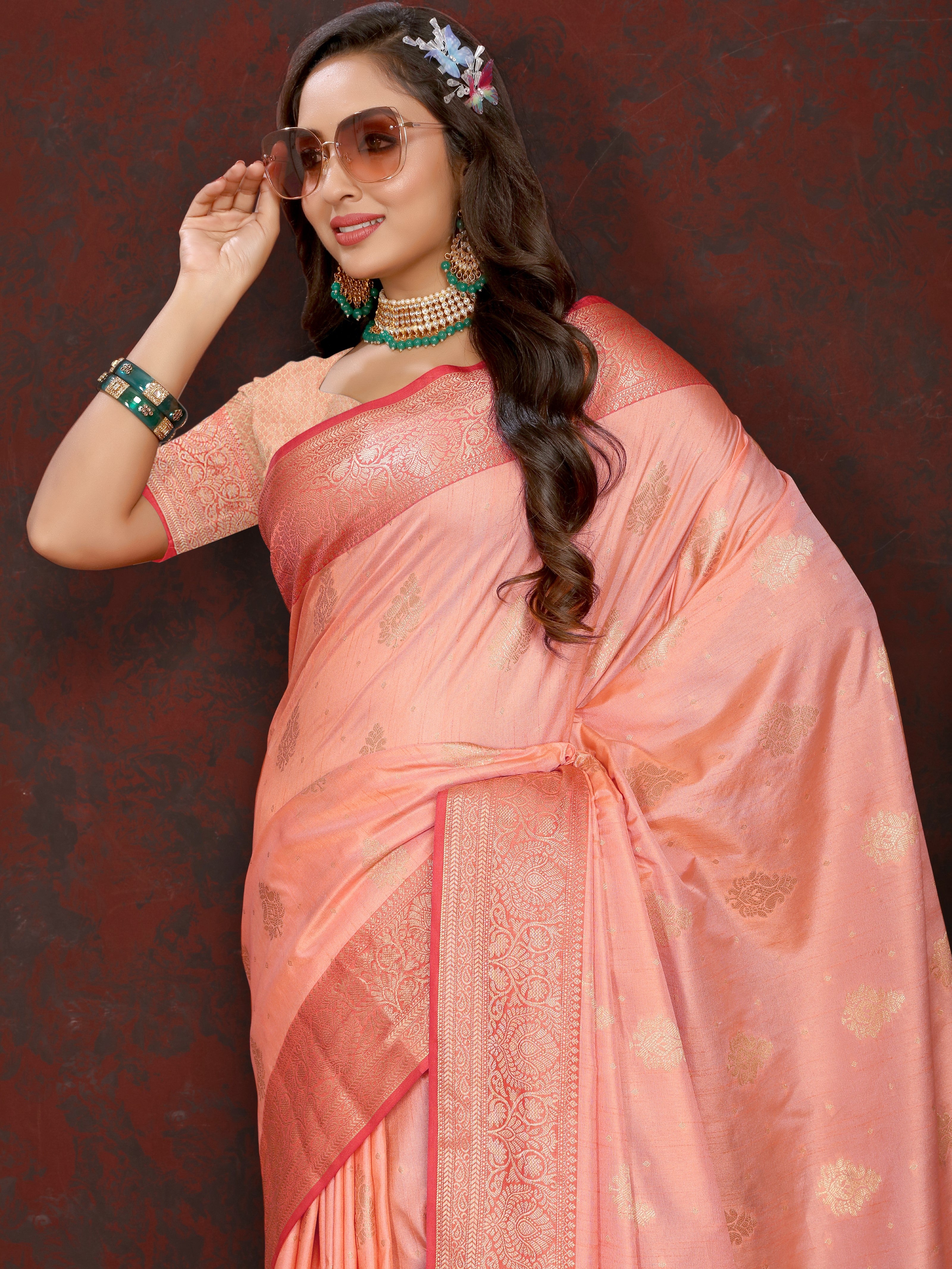 Vsaree Peach Silk Blend Saree With Flower Design Border And Blouse