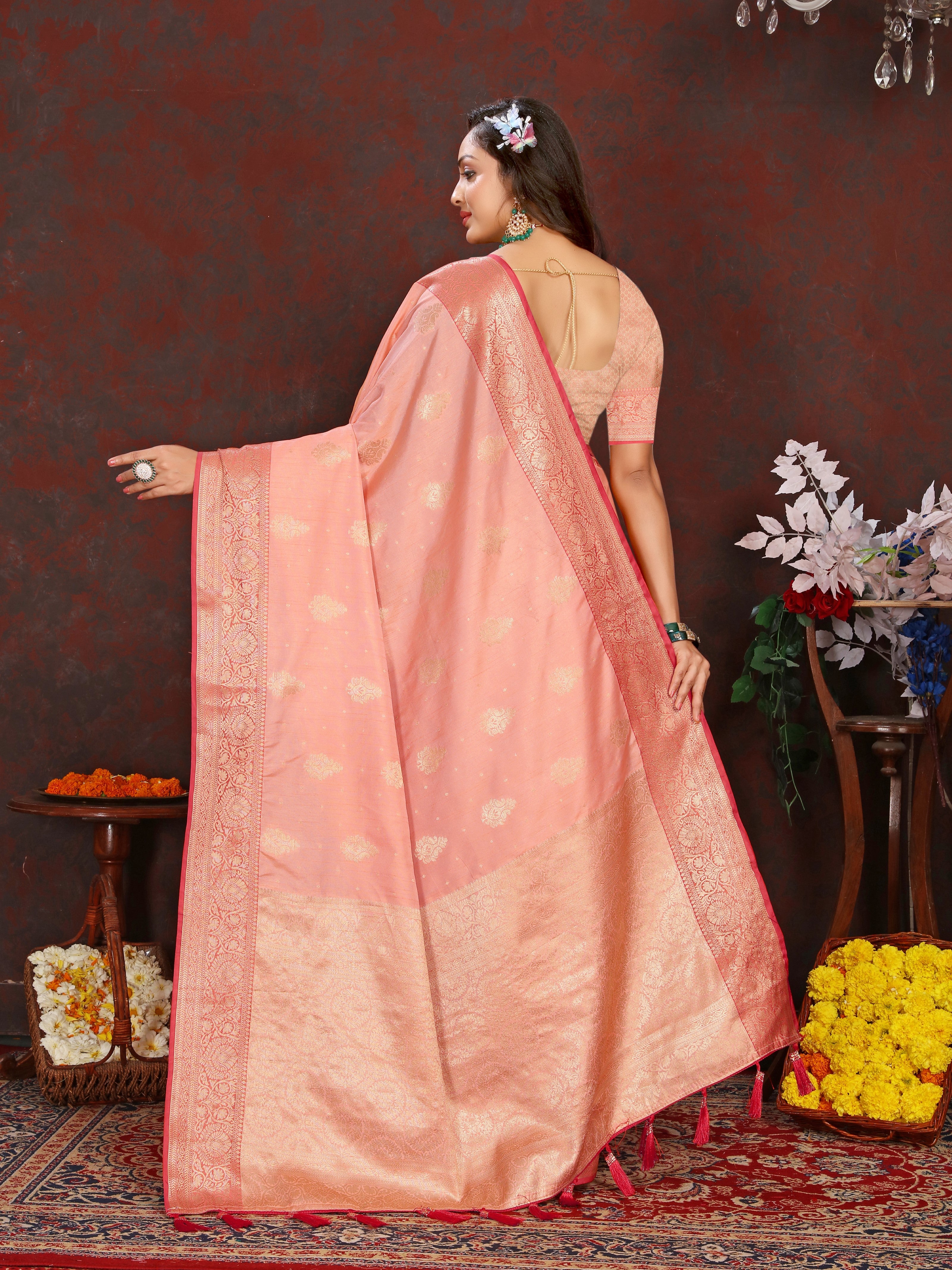 Vsaree Peach Silk Blend Saree With Flower Design Border And Blouse