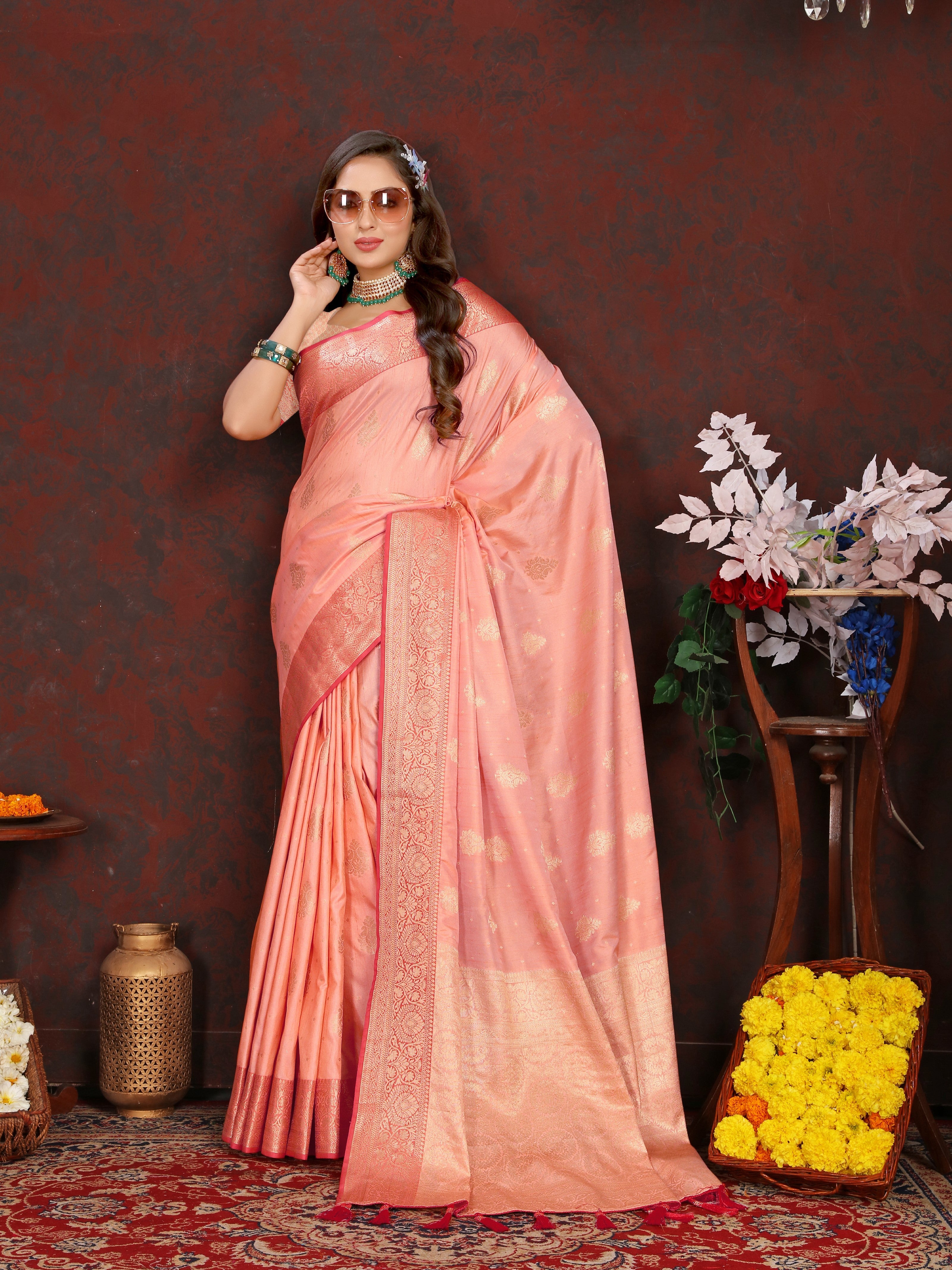 Vsaree Peach Silk Blend Saree With Flower Design Border And Blouse