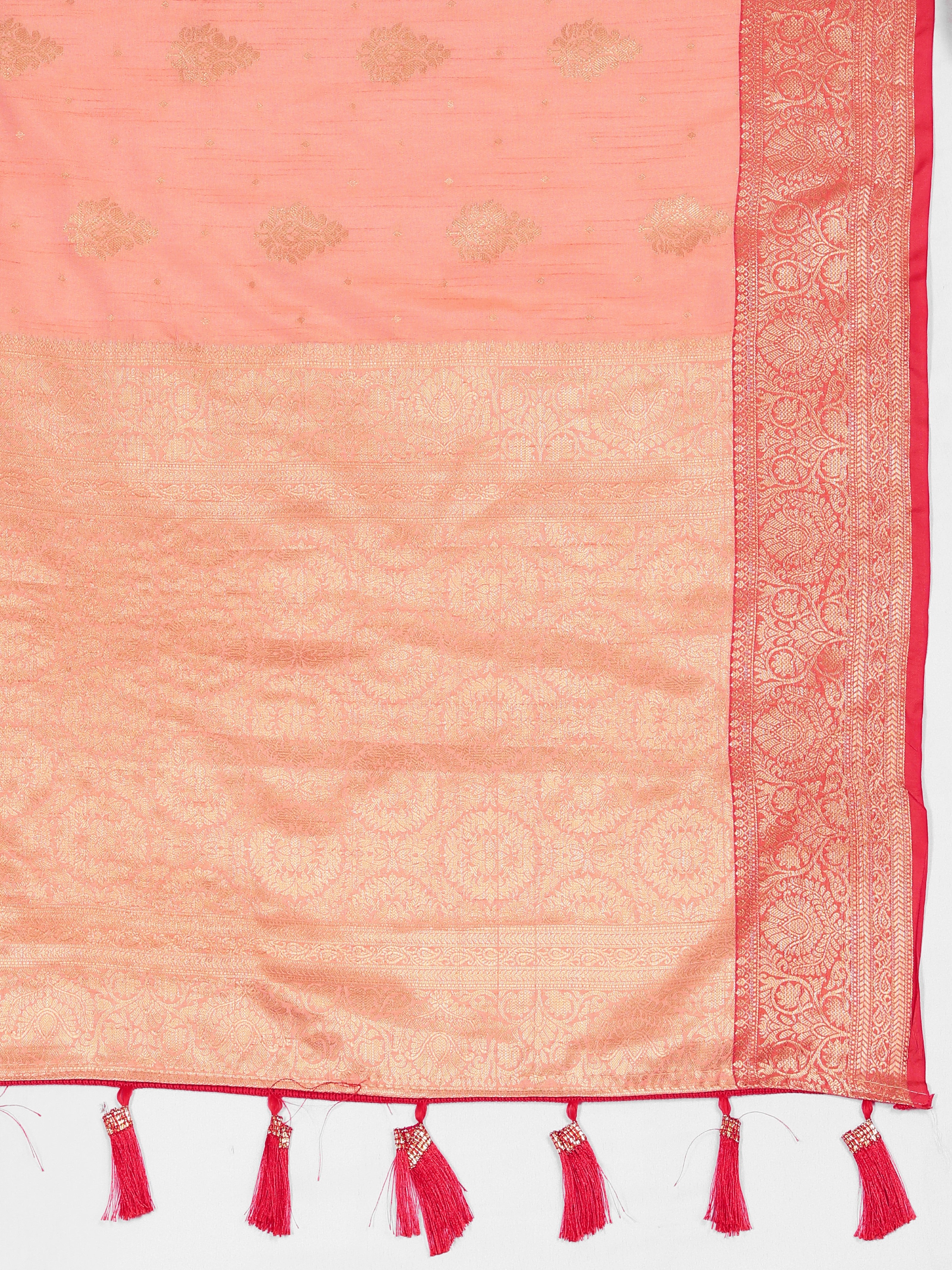 Vsaree Peach Silk Blend Saree With Flower Design Border And Blouse